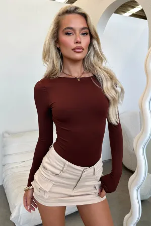 Eve Long Sleeve Backless Bodysuit - Brown Loose Flexible Shopping Date