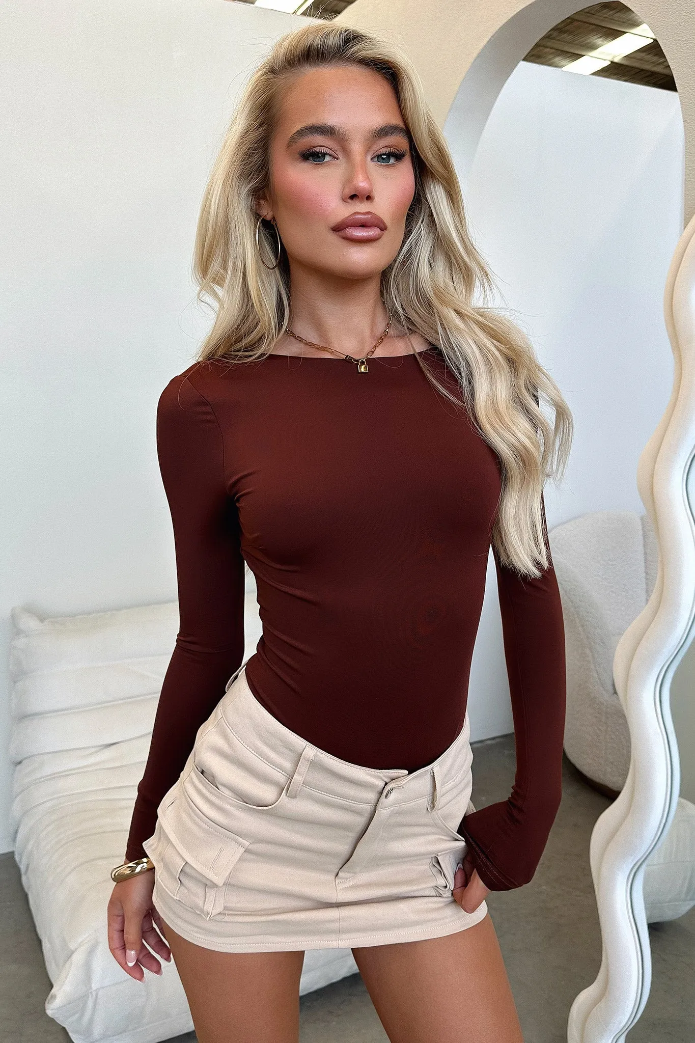 Eve Long Sleeve Backless Bodysuit - Brown Loose Flexible Shopping Date