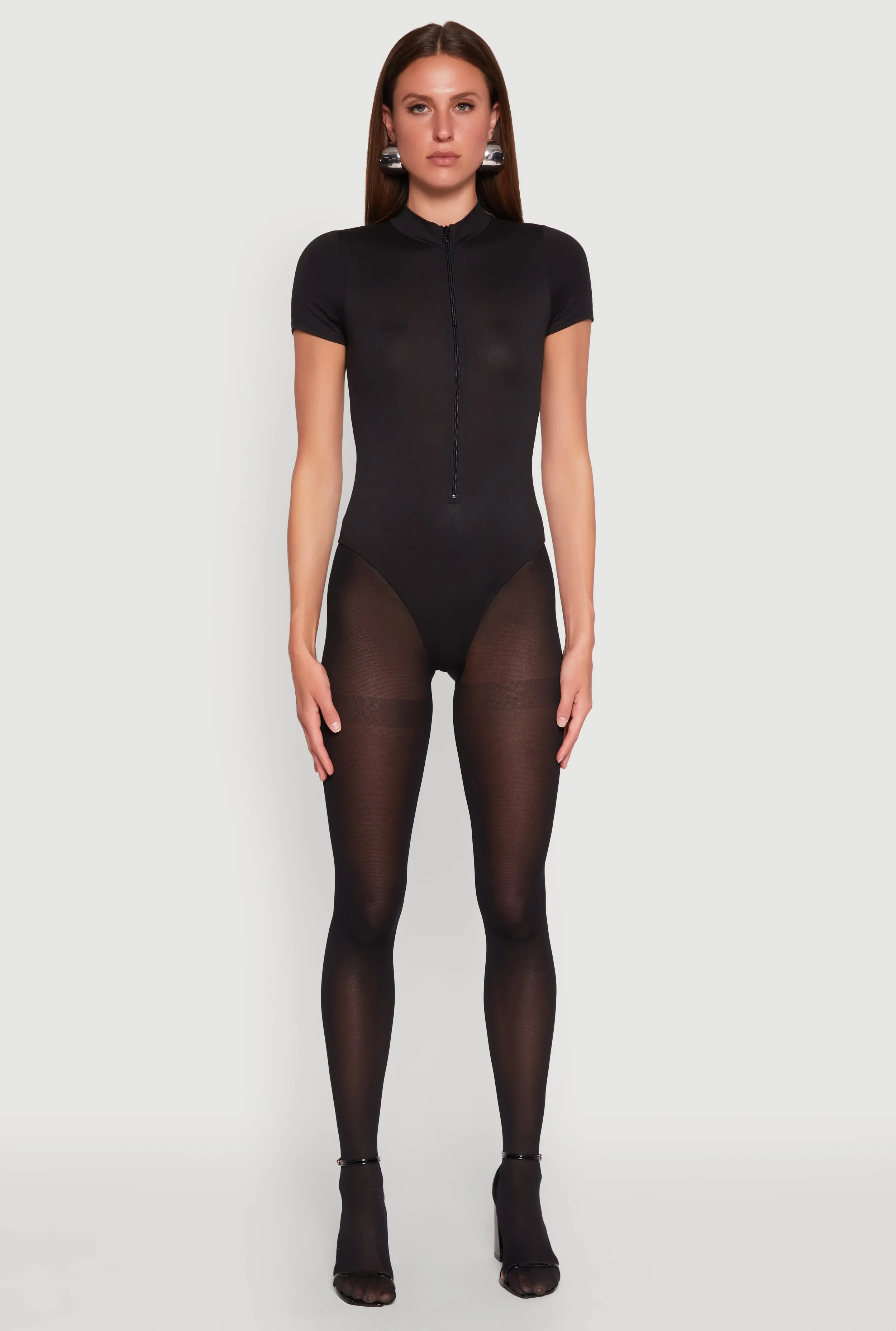 Work Unisex Unique Clean Zip Front Mock Neck Bodysuit