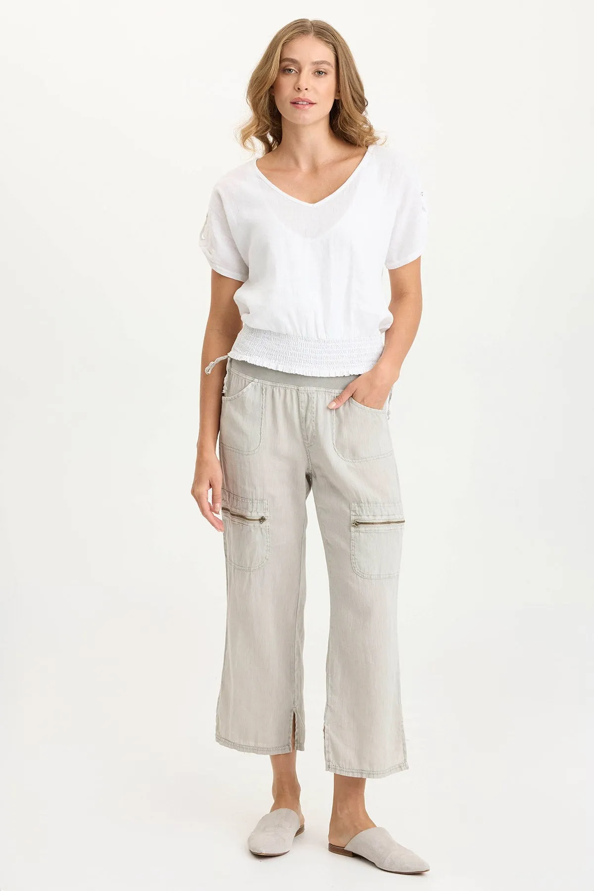 Oko Linen/Jersey Cinched Hem Top Silver Glow NonRestrictiveFit