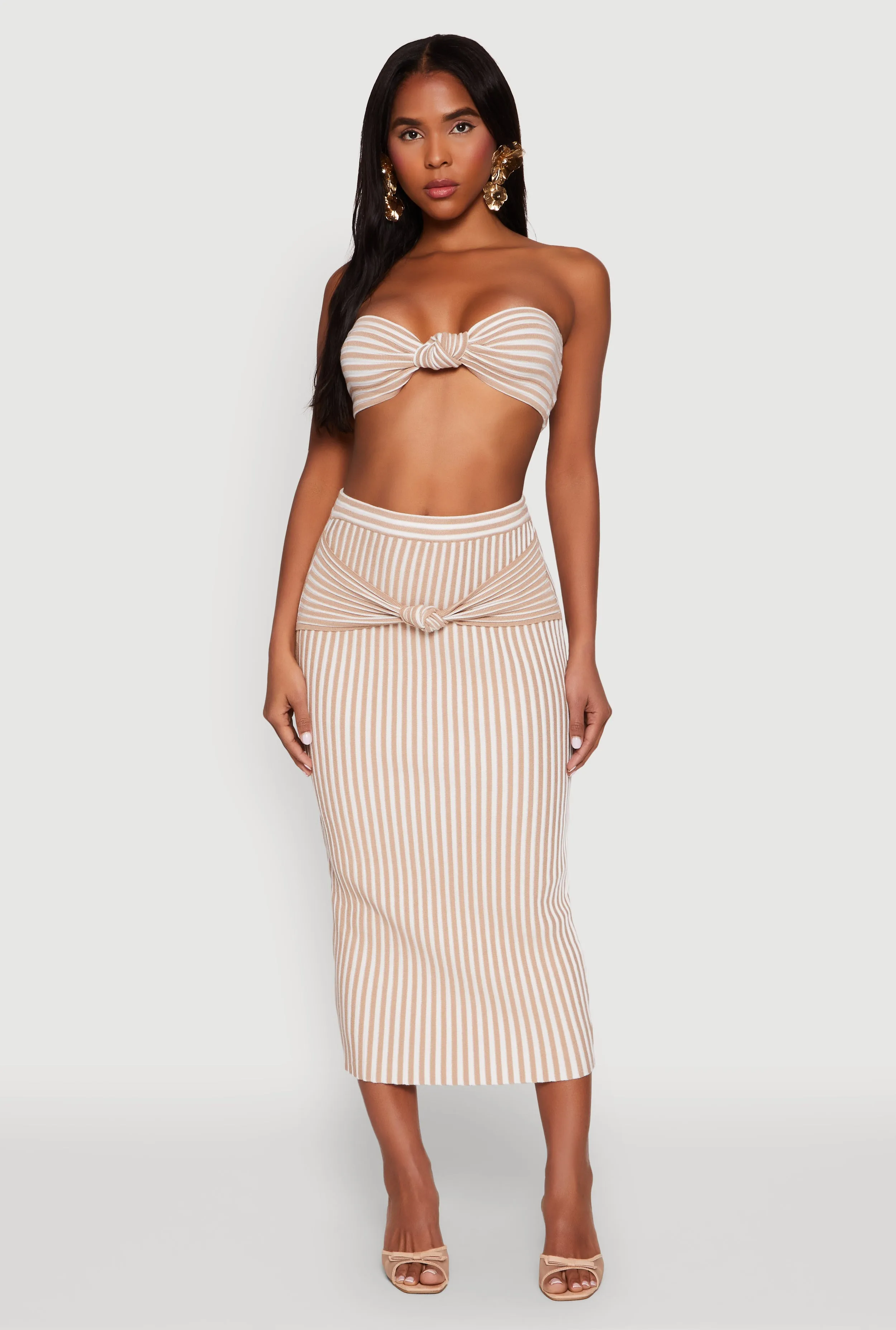 Reinforced Hemline Everyday Look Striped Knot Front Knit Pencil Skirt