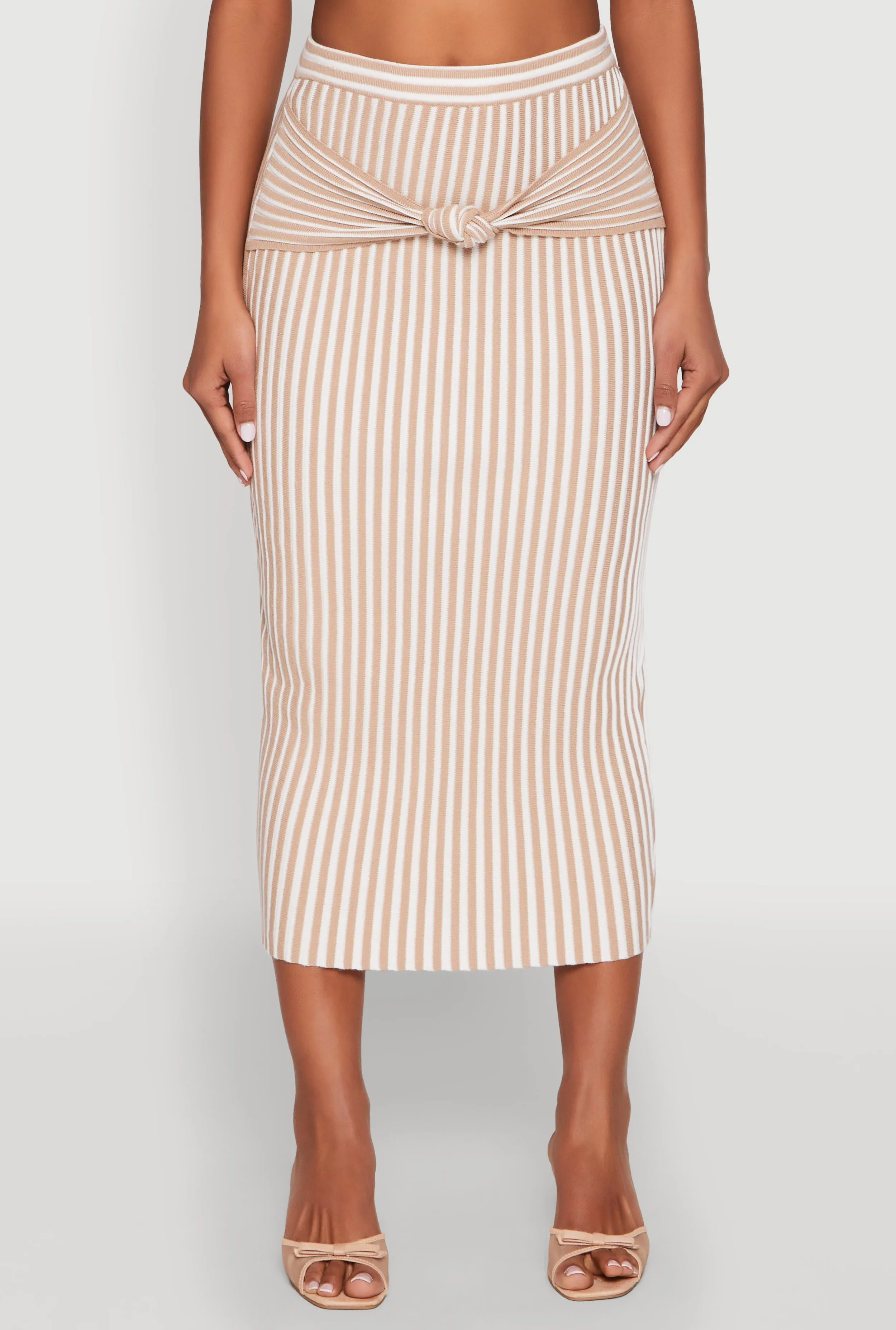 High Waist Striped Knot Front Knit Pencil Skirt