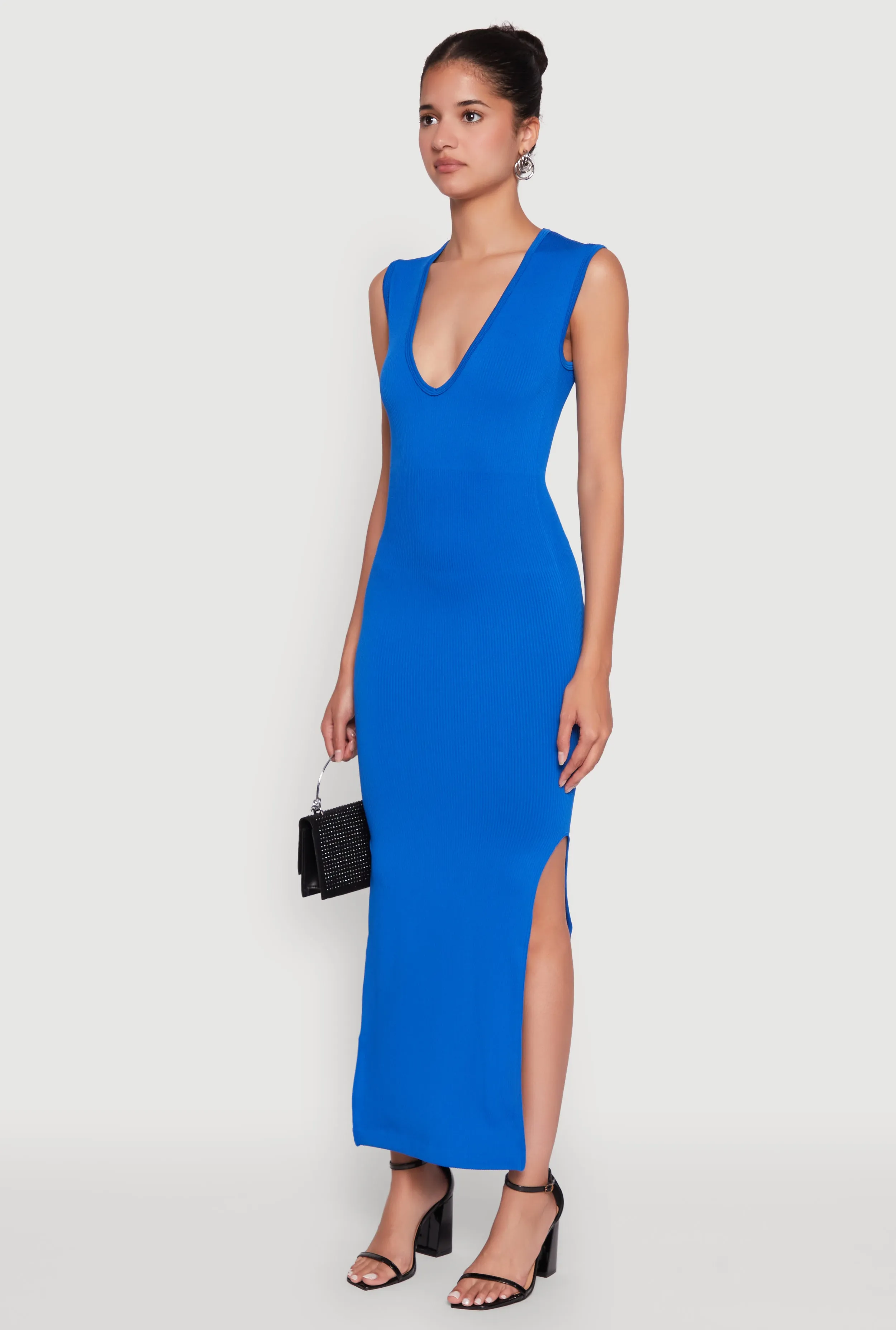 Trendy Rib Knit Plunge Neck Side Slit Maxi Dress Coastal Chic Sun shield