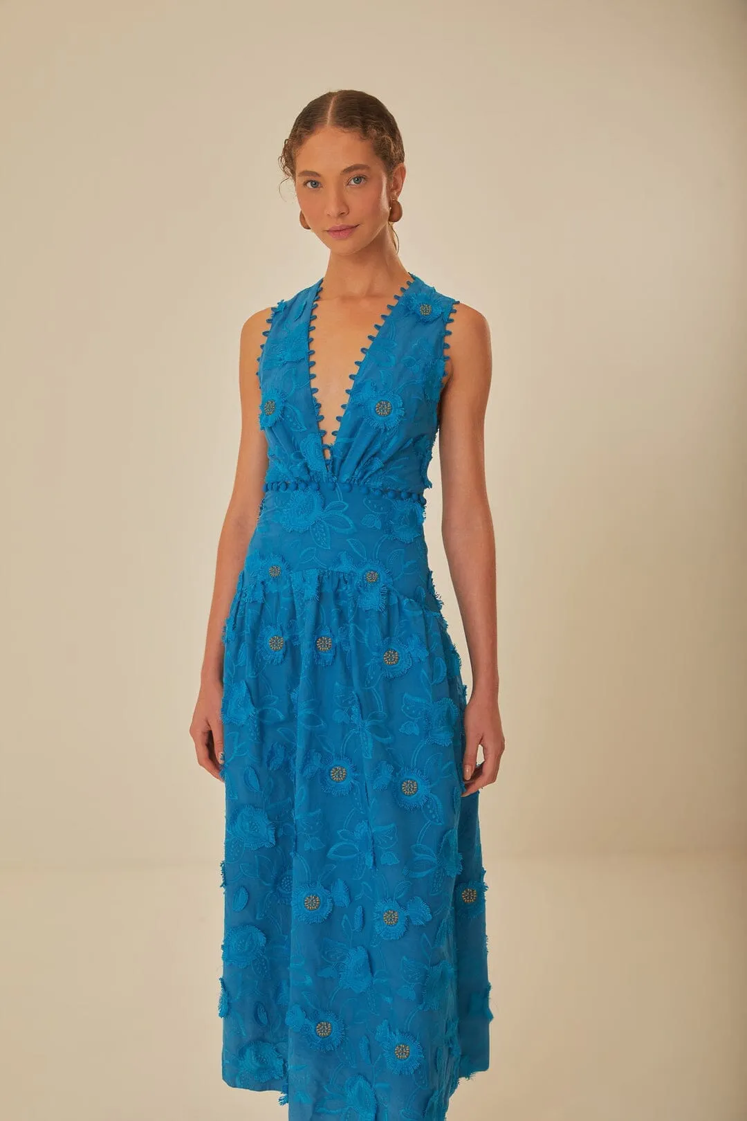 Blue 3D Flower Sleeveless Maxi Dress Velvet Glow