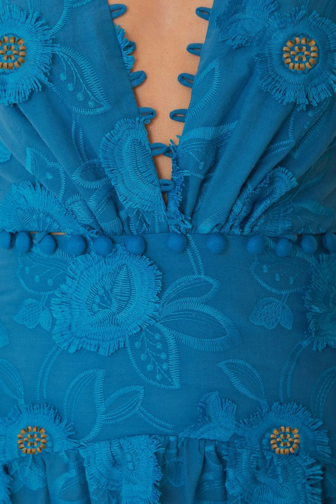Retro Charm Blue 3D Flower Sleeveless Maxi Dress