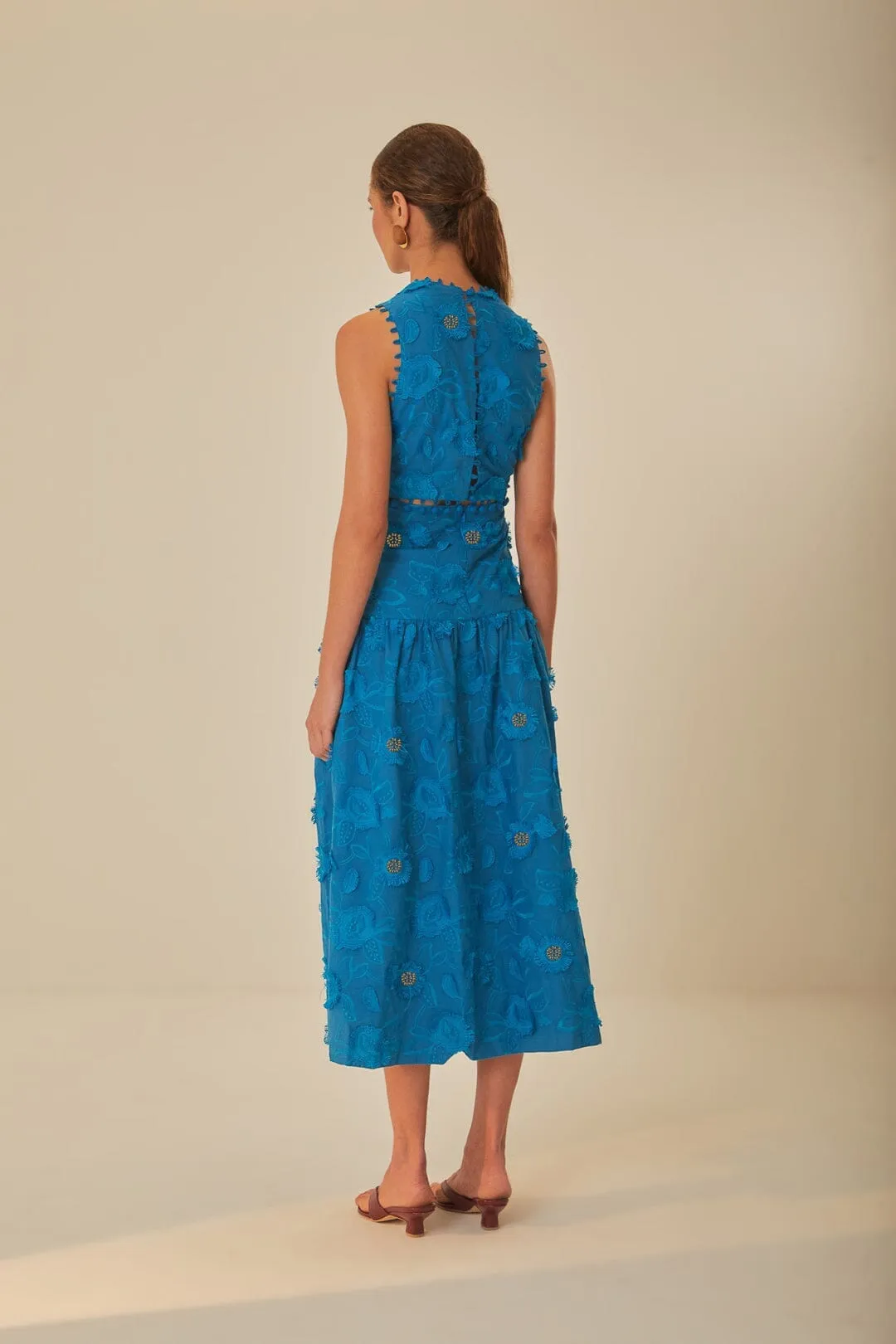 Twill Glow Blue 3D Flower Sleeveless Maxi Dress