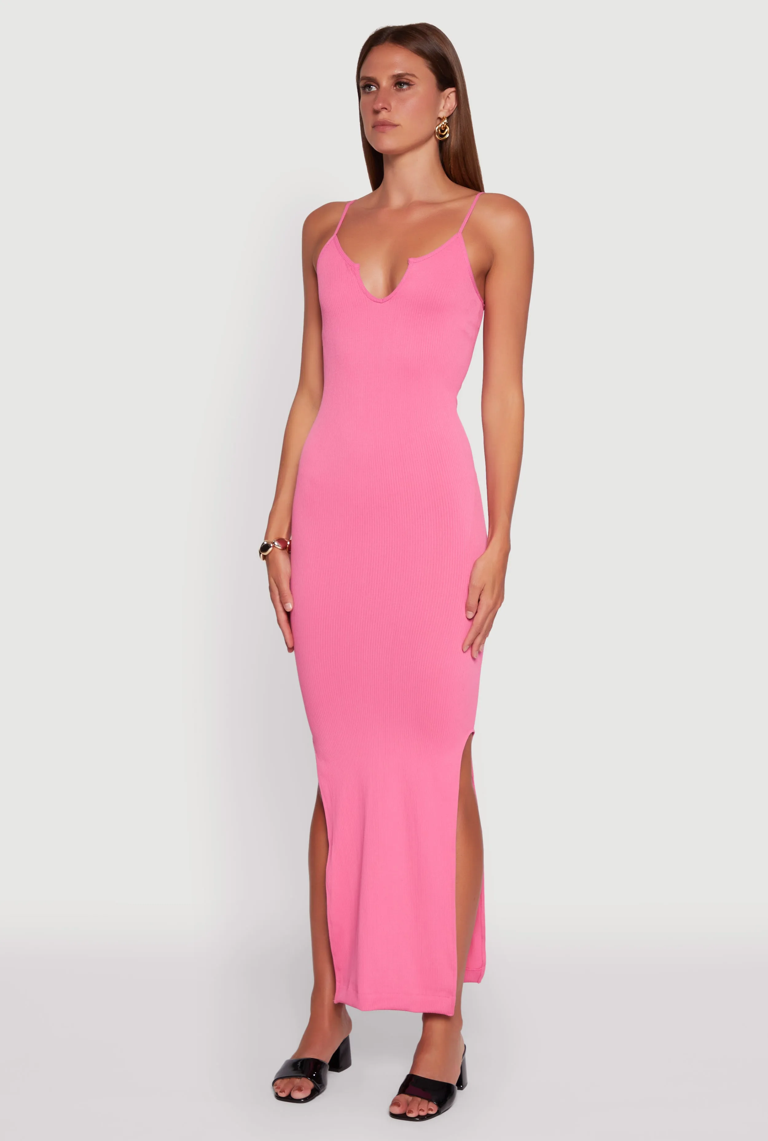 Agate Glow Crystal View Ribbed Knit Sleeveless Notch Neck Maxi Dress
