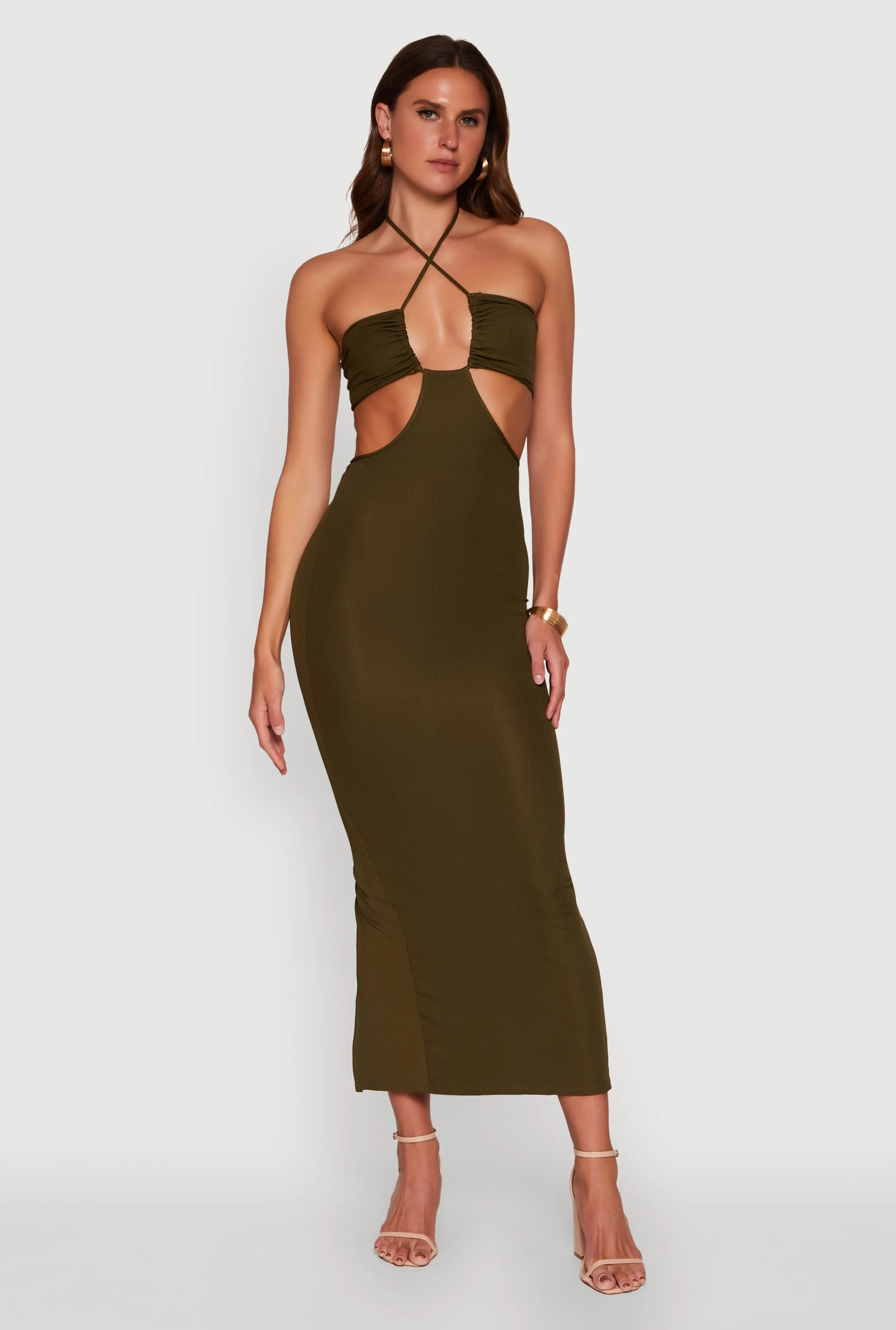 Gold Touch Stylish boho dress Stylish Ribbed Knit Keyhole Halter Sundress