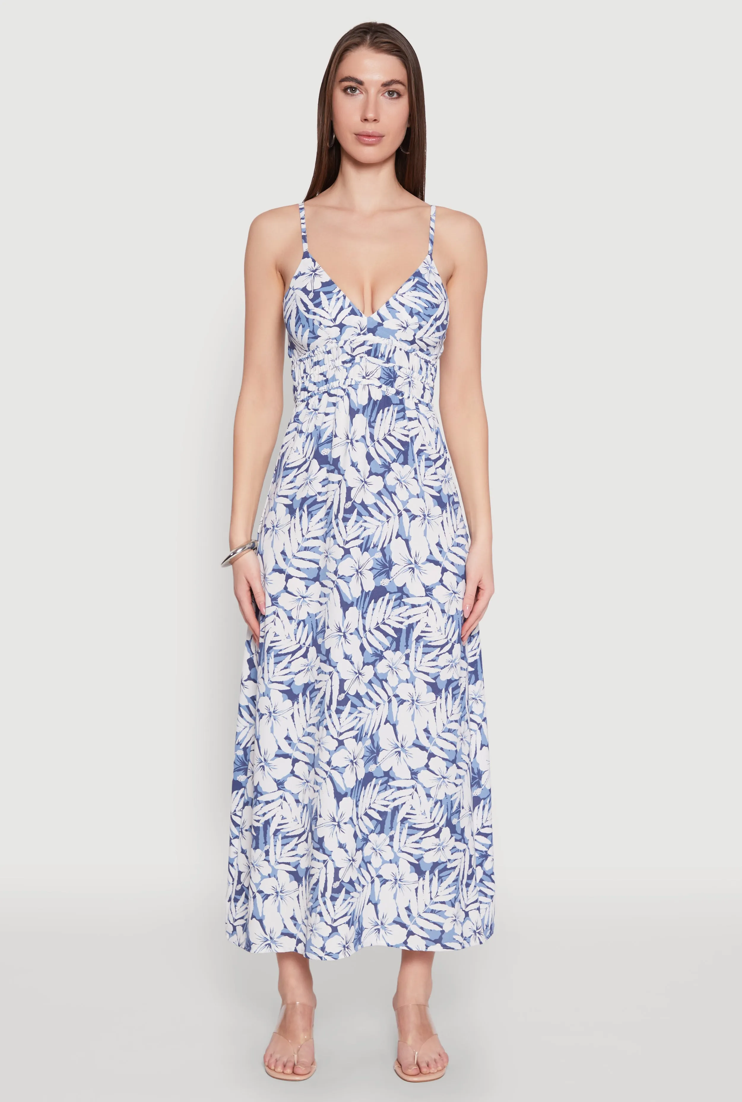 Dot Play Leather Soft Tropical Floral Print Empire Waist Maxi Dress