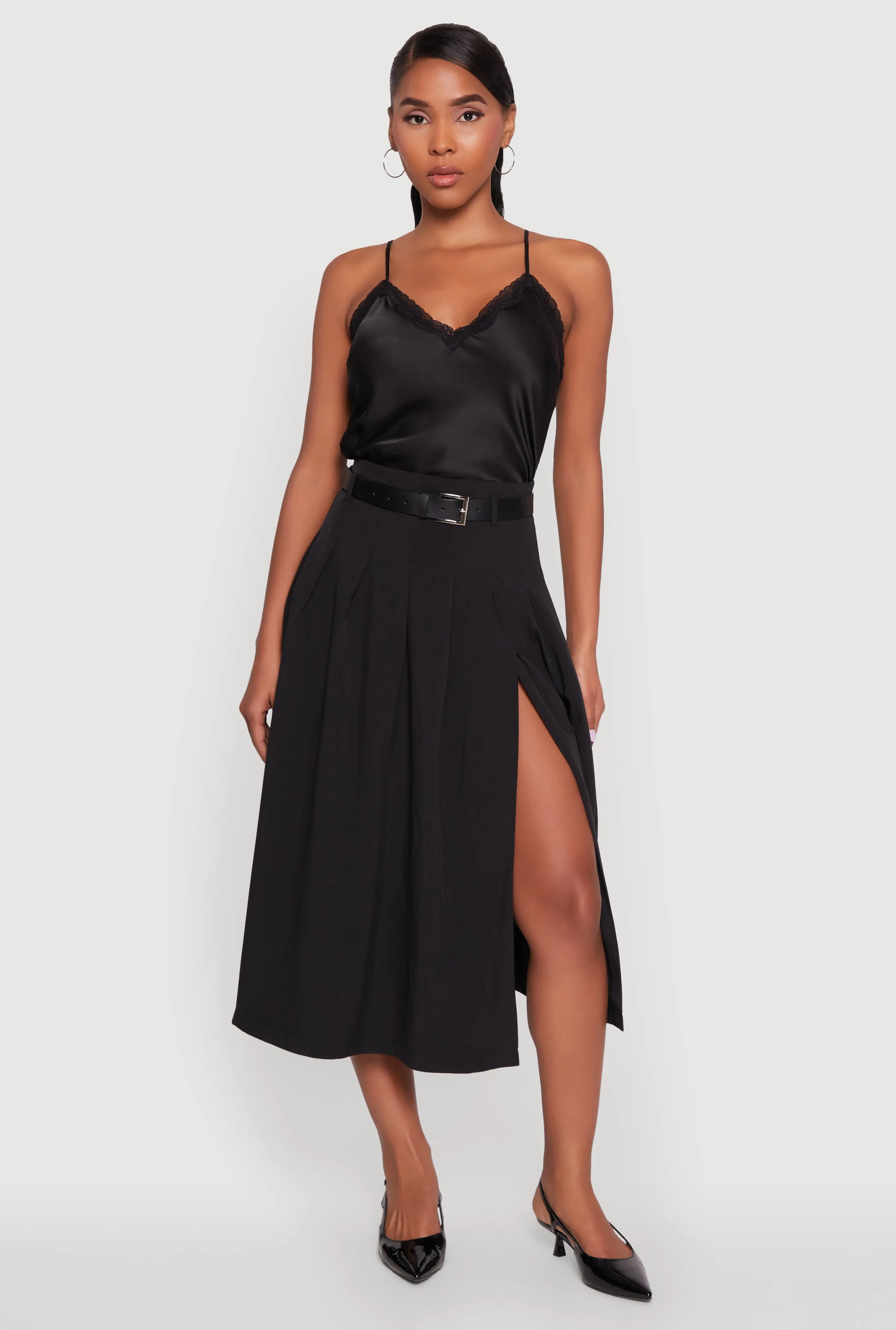 Trendy High Waisted Pleated Mid Length Skirt with Belt Non Restrictive