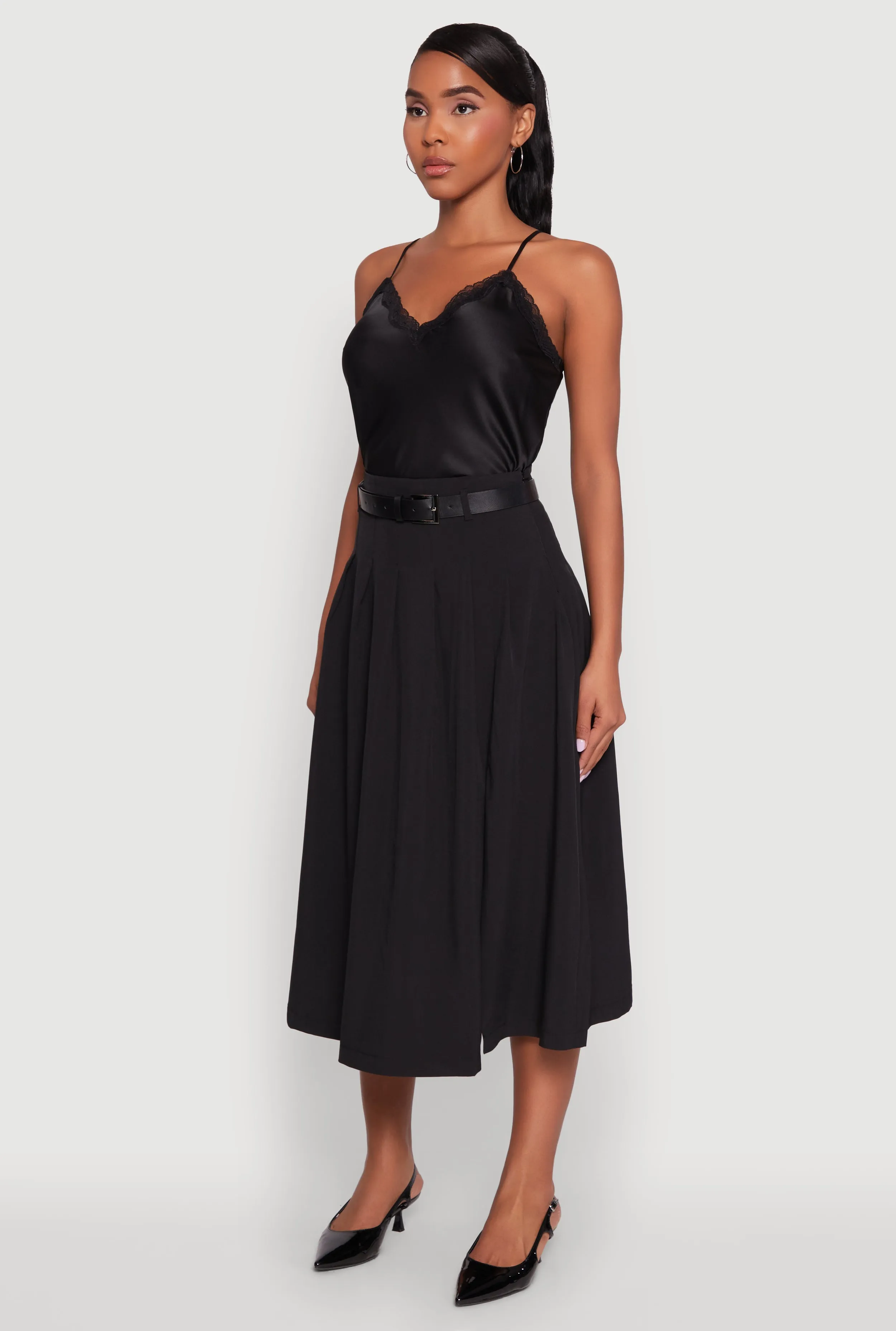 Low Maintenance Fabric Trendy High Waisted Pleated Mid Length Skirt with Belt
