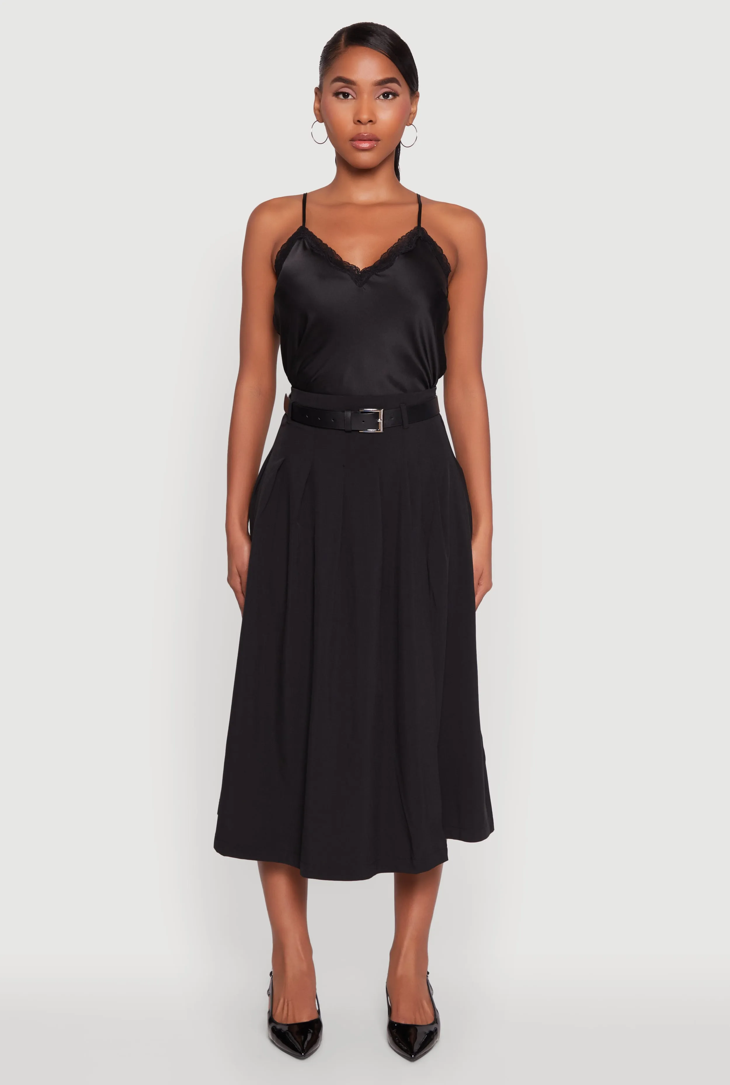 Trendy High Waisted Pleated Mid Length Skirt with Belt Shirred Back