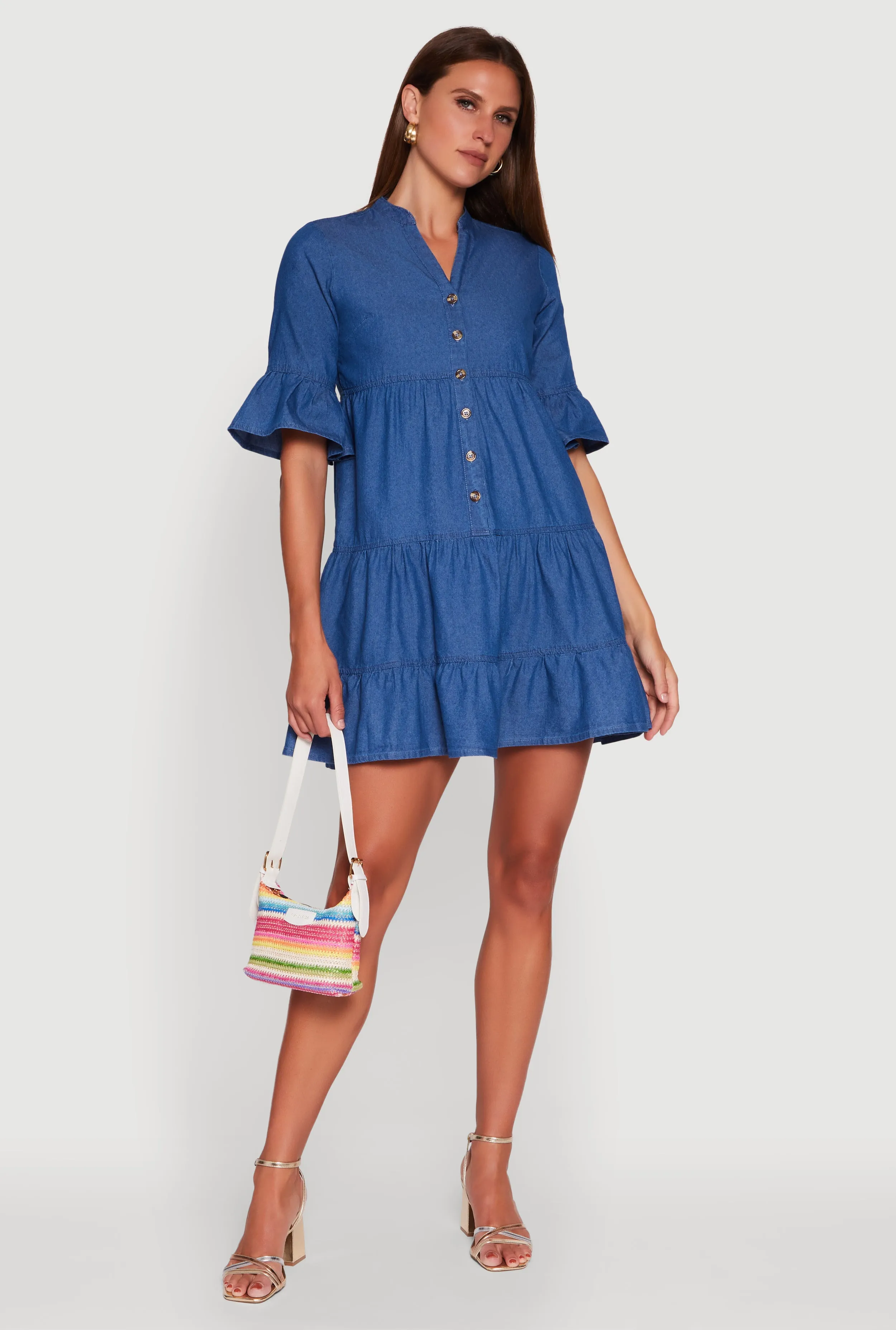 Show Skin Trendy Denim Button Front Tiered Mini Dress