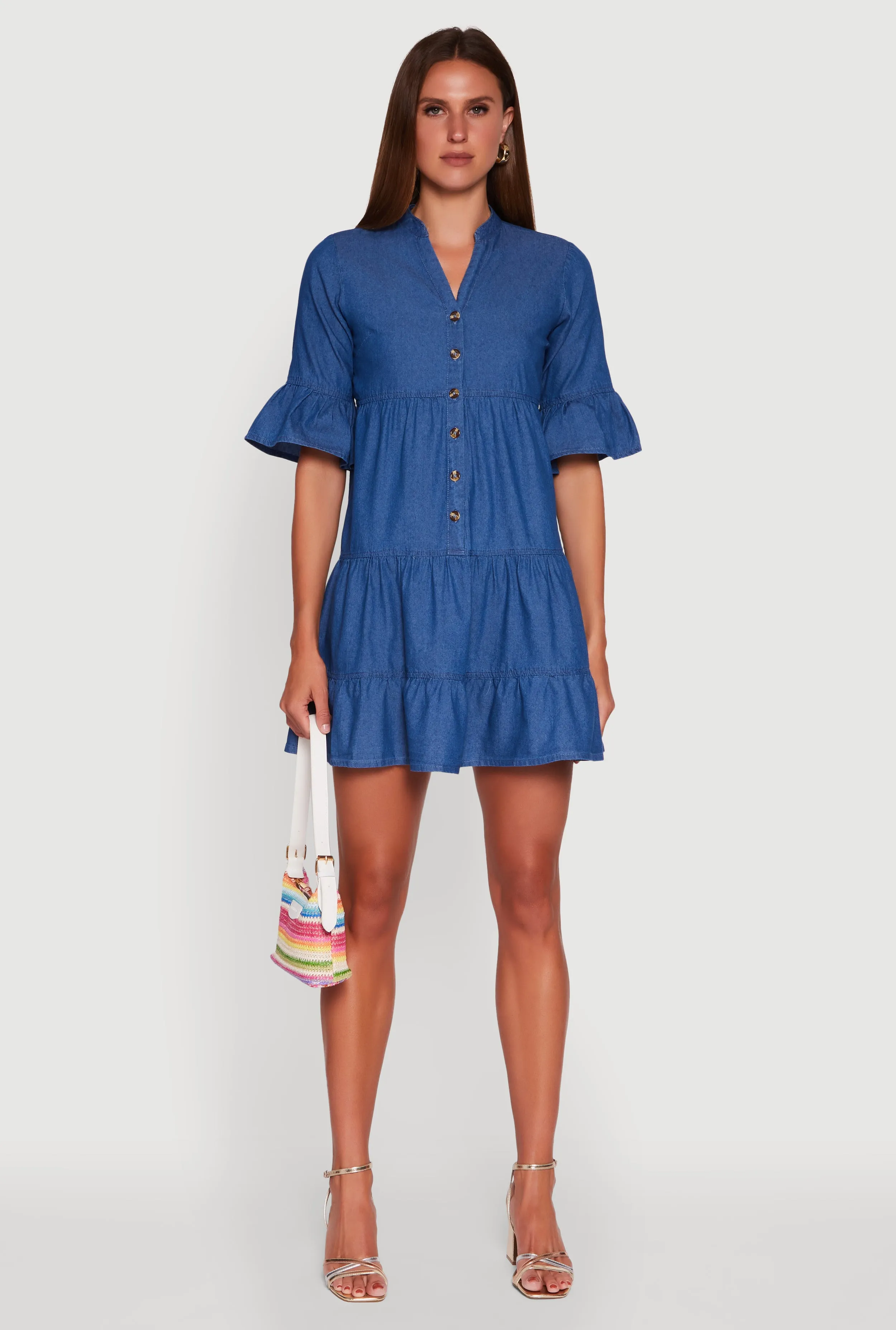 Casual Glam Trendy Denim Button Front Tiered Mini Dress
