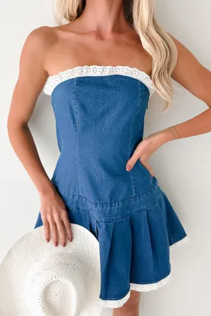 Catch A Thrill Strapless Pleated Mini Dress (Denim) Bar Glow