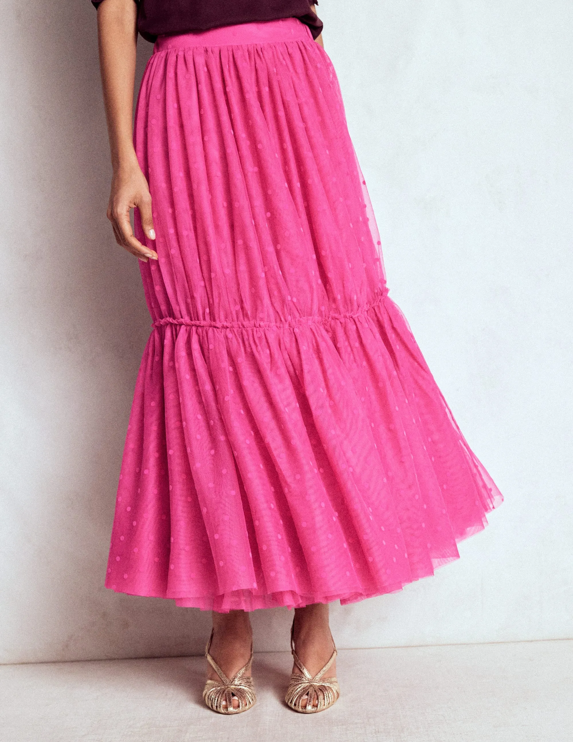 Contoured Waist flared silhouette Anna Tulle Midi Skirt-Pink Flocked Spot