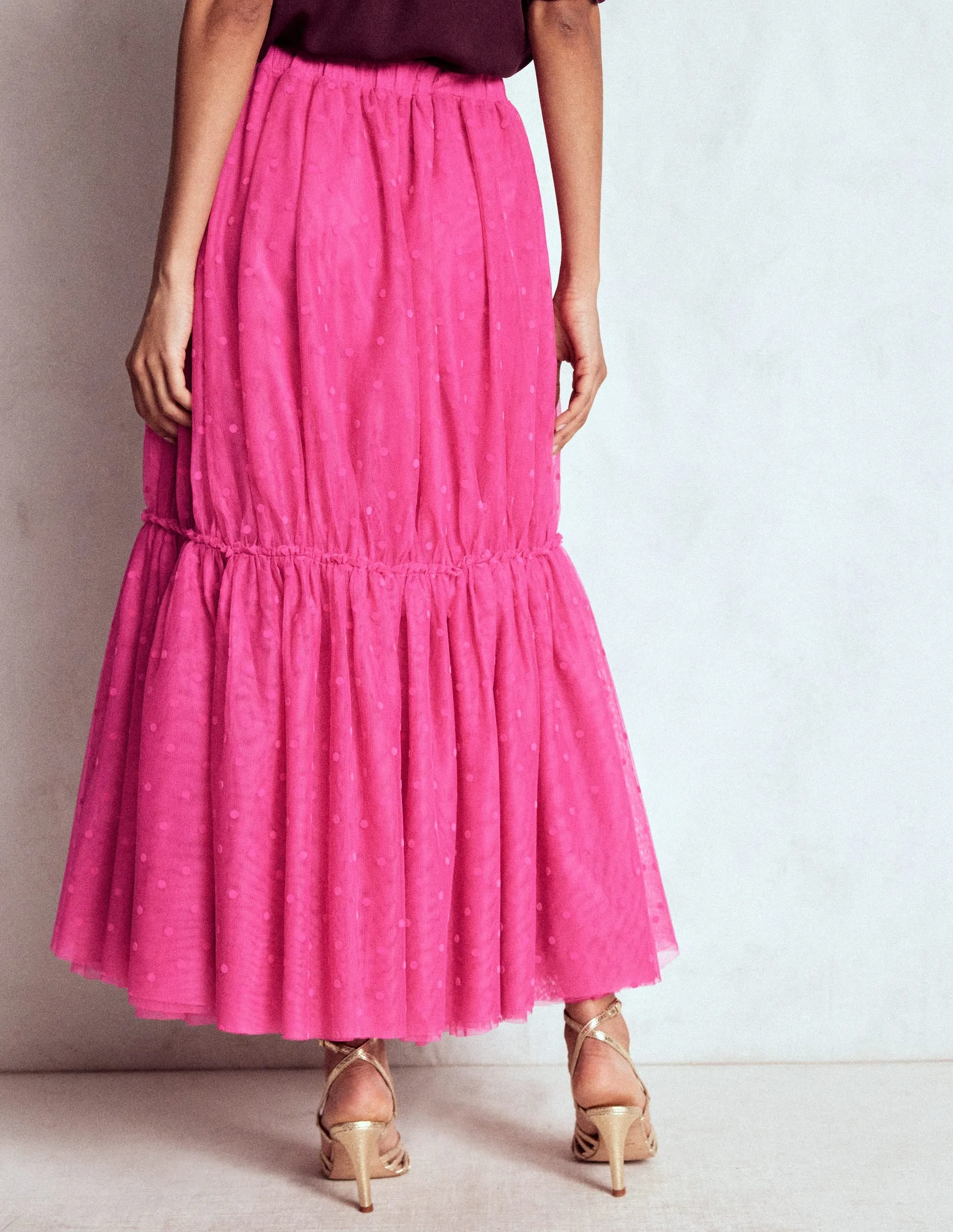 Anna Tulle Midi Skirt-Pink Flocked Spot City Wear Earth Tones