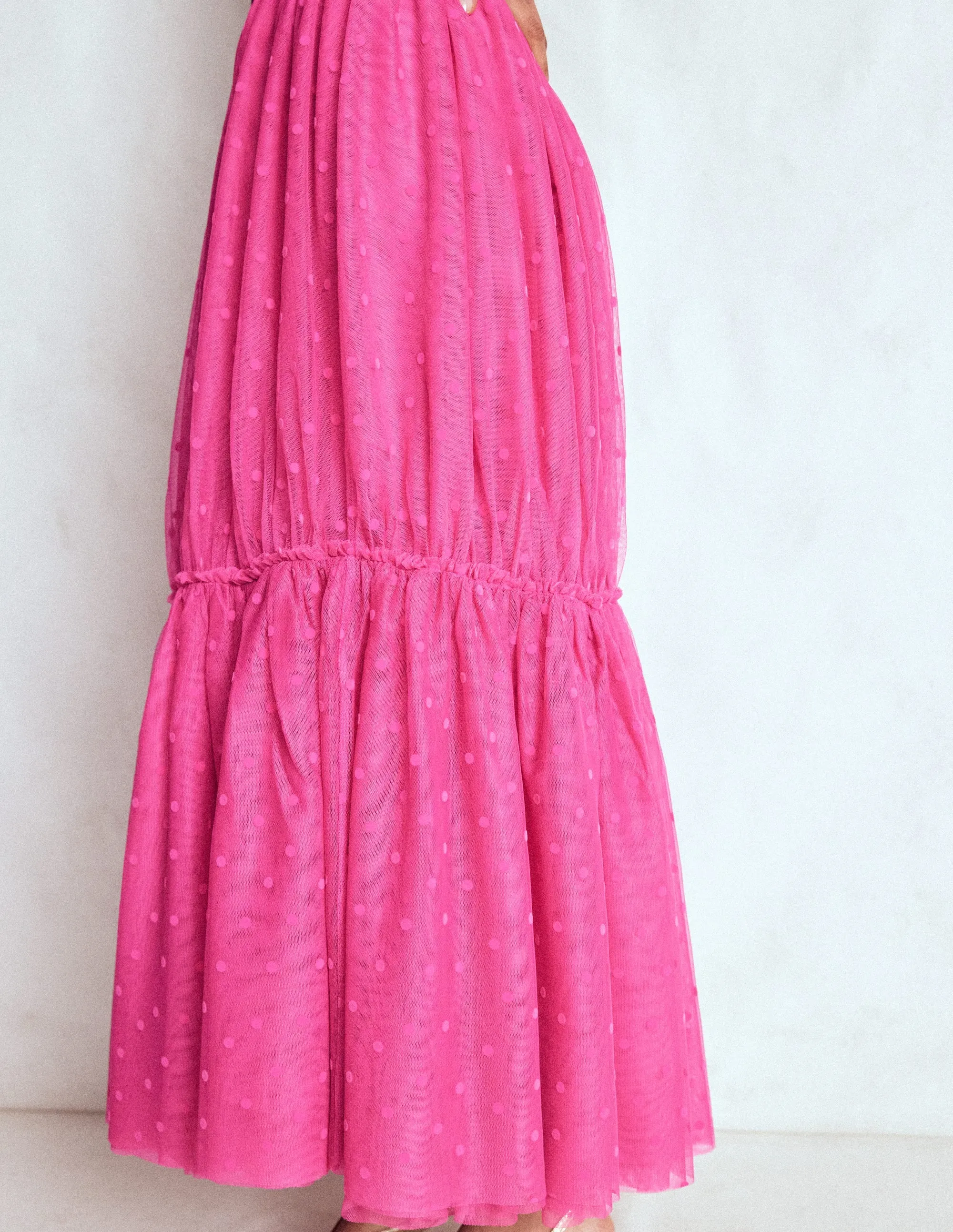 Anna Tulle Midi Skirt-Pink Flocked Spot Gathered waist color block