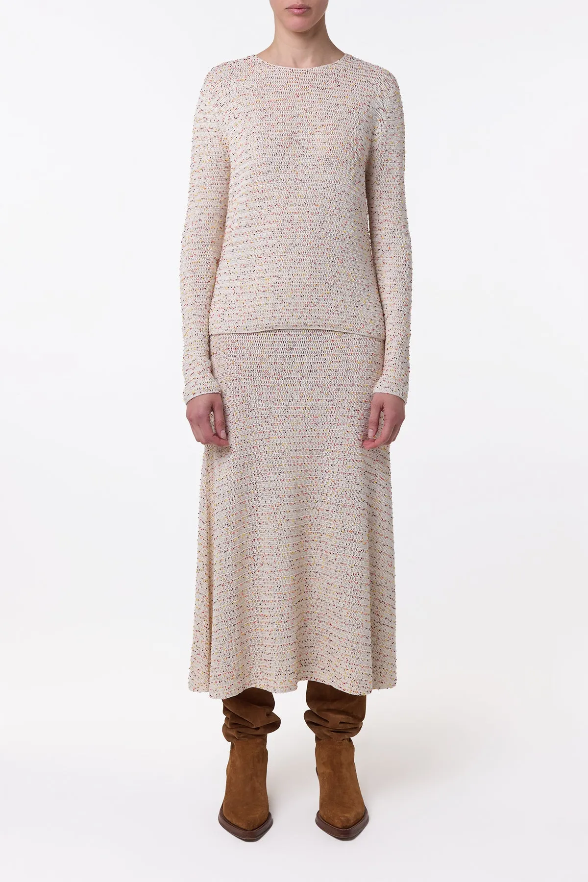 Pan Knit Maxi Skirt in Ivory Multi Beaded Cashmere DoubleLayered Structure Opaque Tone