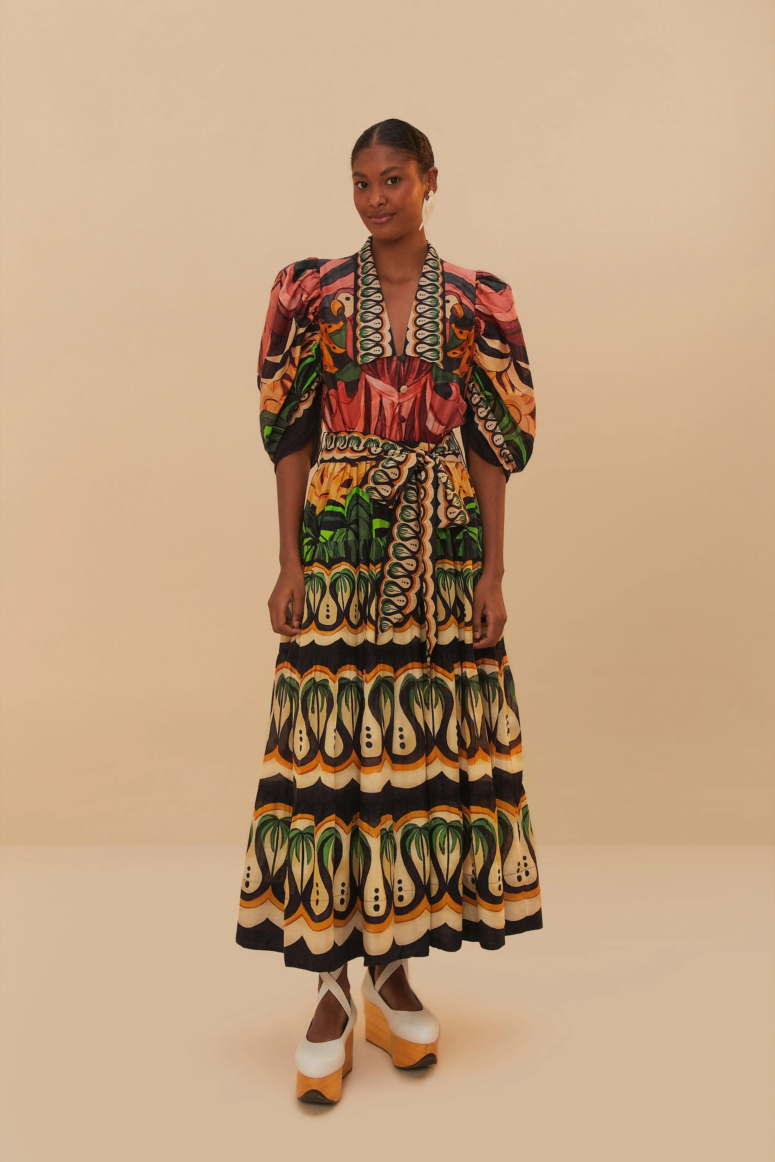 Hand Stitch Black Coconut Tree Flow Maxi Dress