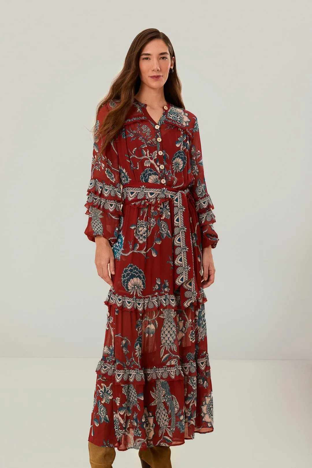 Red Tropical Landing Maxi Dress The simple silhouette of this dress makes it easy to style for both day and night wear Sapphire Glow