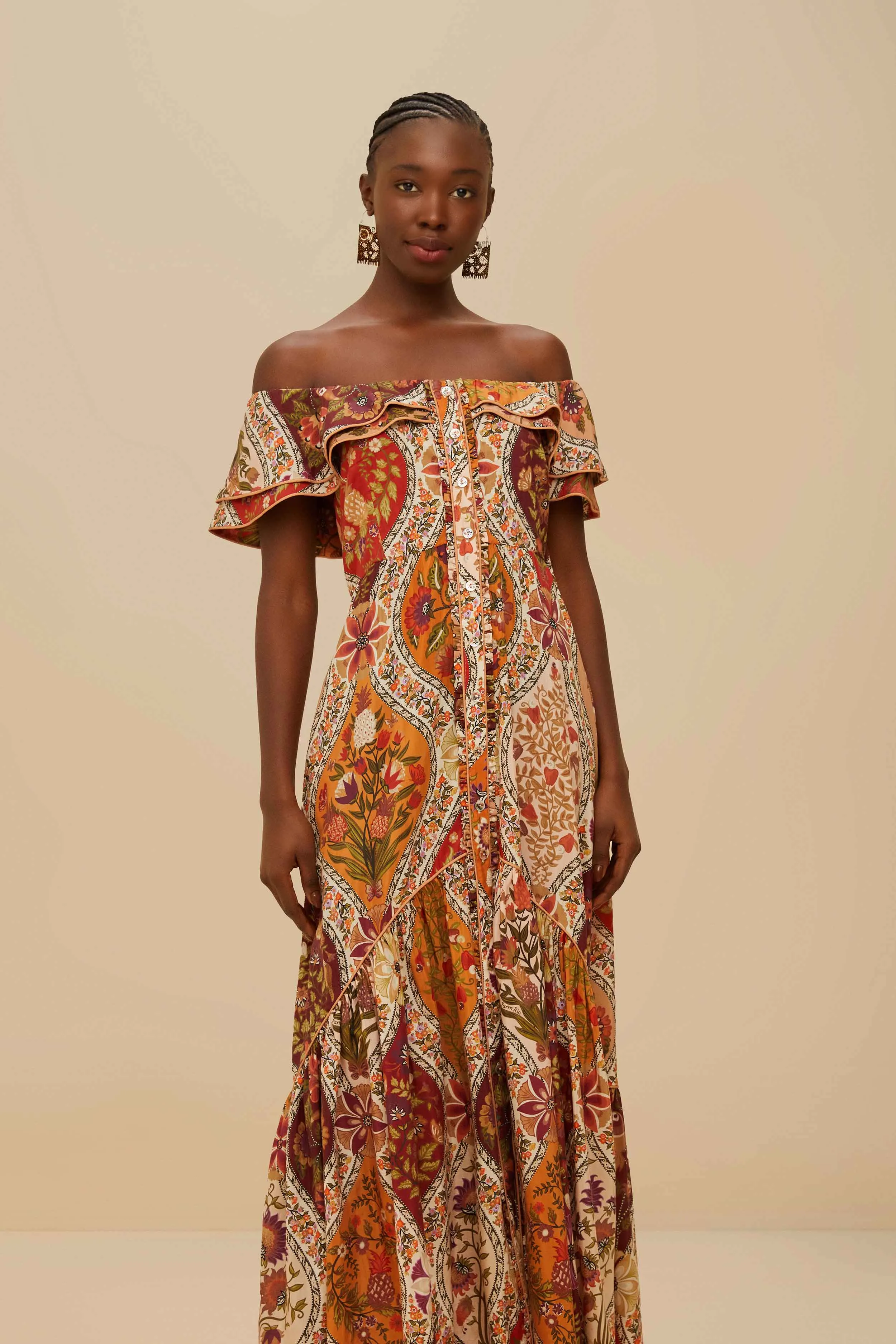 Dye Art Multicolor Romantic Nature Off-Shoulder Maxi Dress