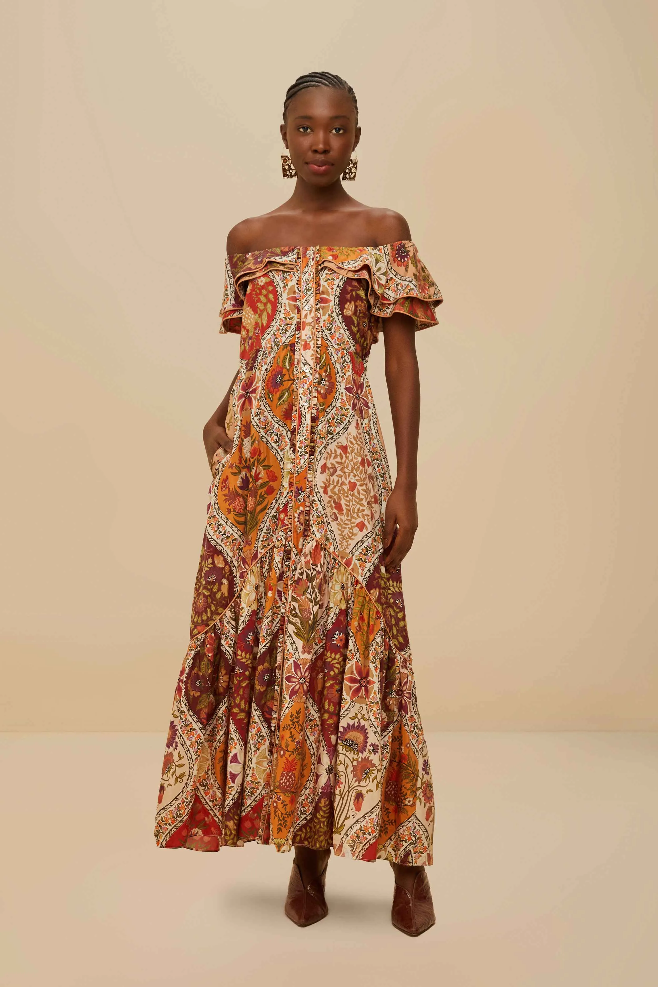 Joy Soul Multicolor Romantic Nature Off-Shoulder Maxi Dress