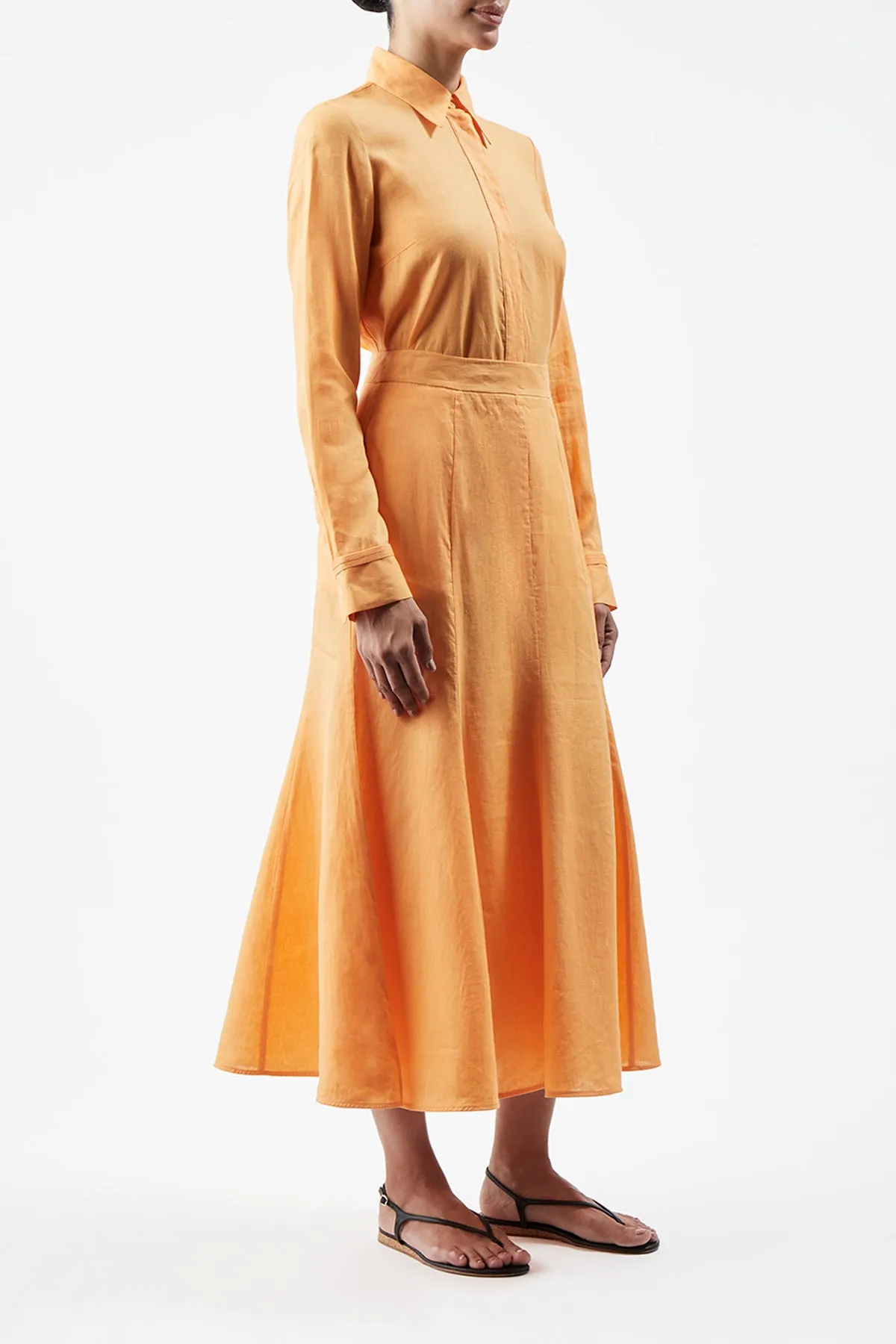 Noble Core Tate Midi Skirt in Fluorescent Orange Aloe Linen