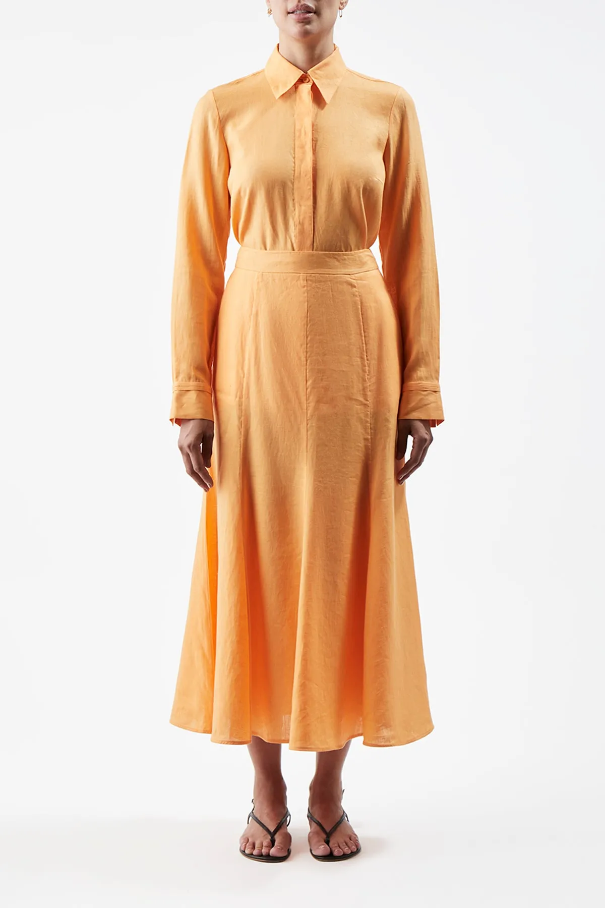 Tate Midi Skirt in Fluorescent Orange Aloe Linen Raw Linen