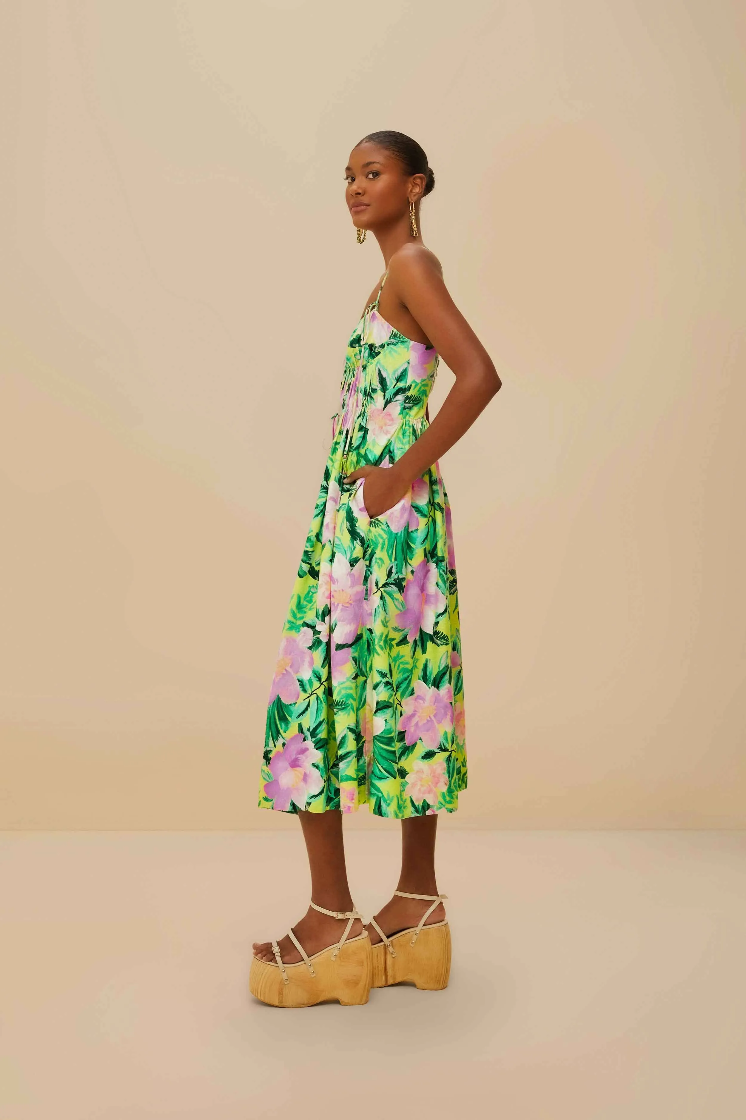 Green Painted Flowers LENZING? ECOVERO? Euroflax? Midi Dress Low Effort Trendy Chic