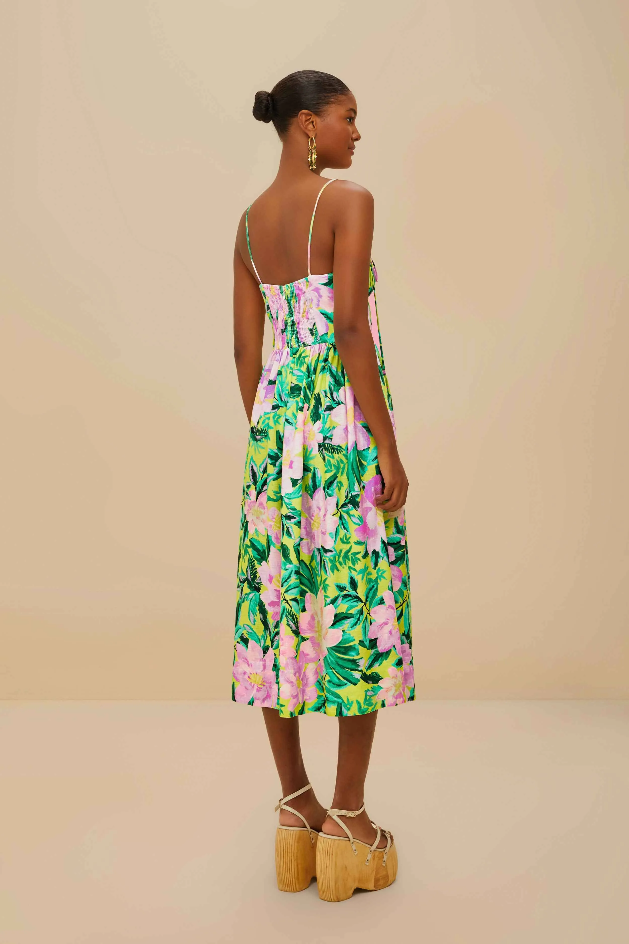 Green Painted Flowers LENZING? ECOVERO? Euroflax? Midi Dress Vintage-inspired knee-length piece