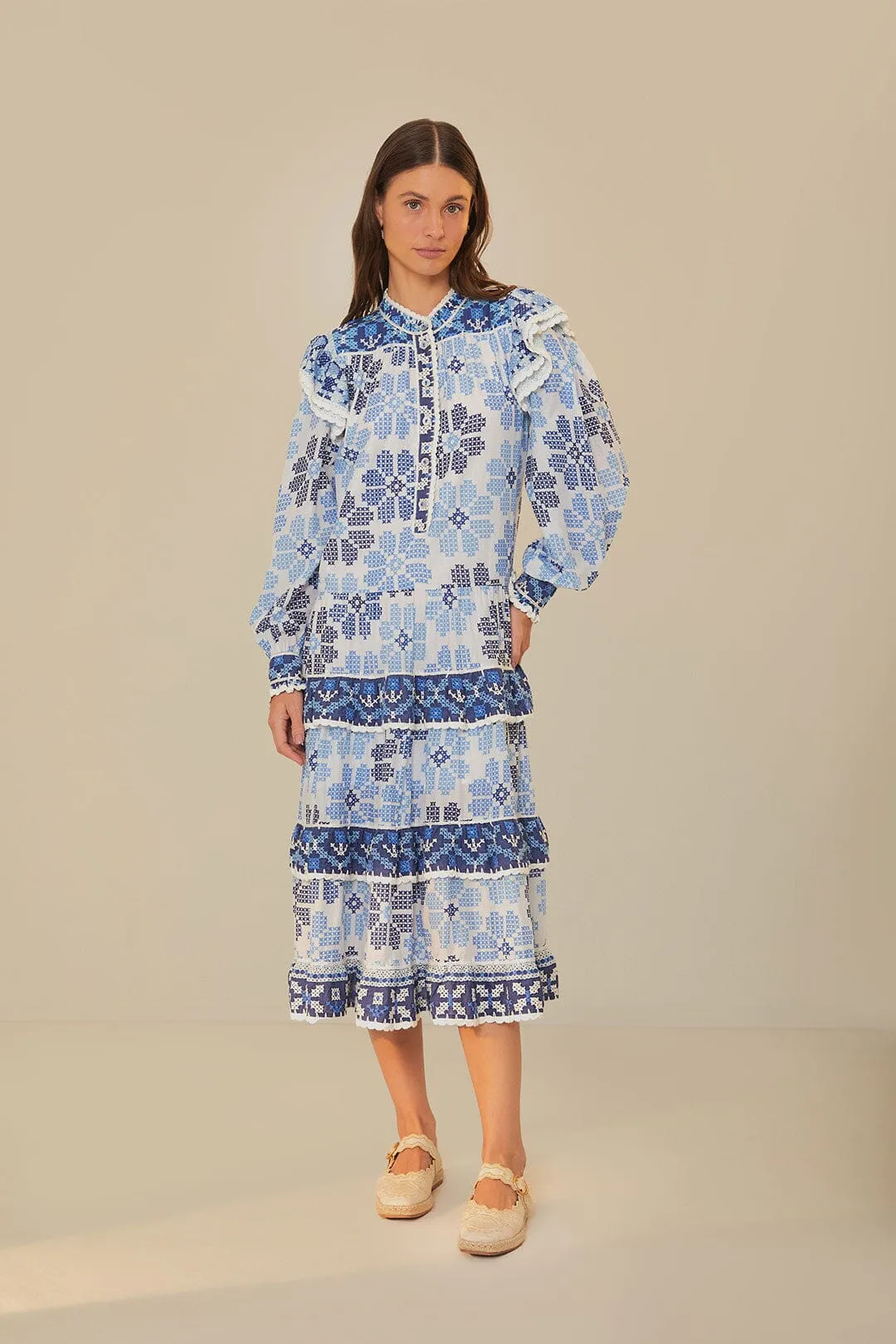 Wind Song Off-White Stitched Flowers And Girls Midi Dress
