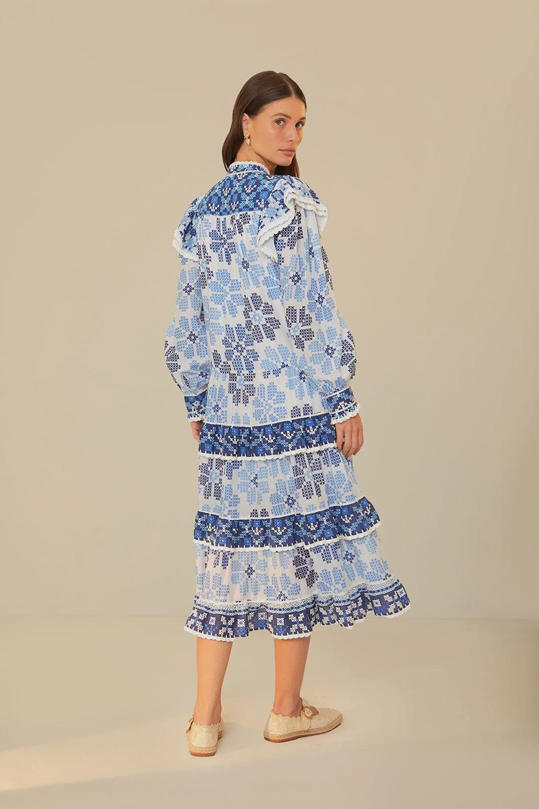 warm glow Off-White Stitched Flowers And Girls Midi Dress