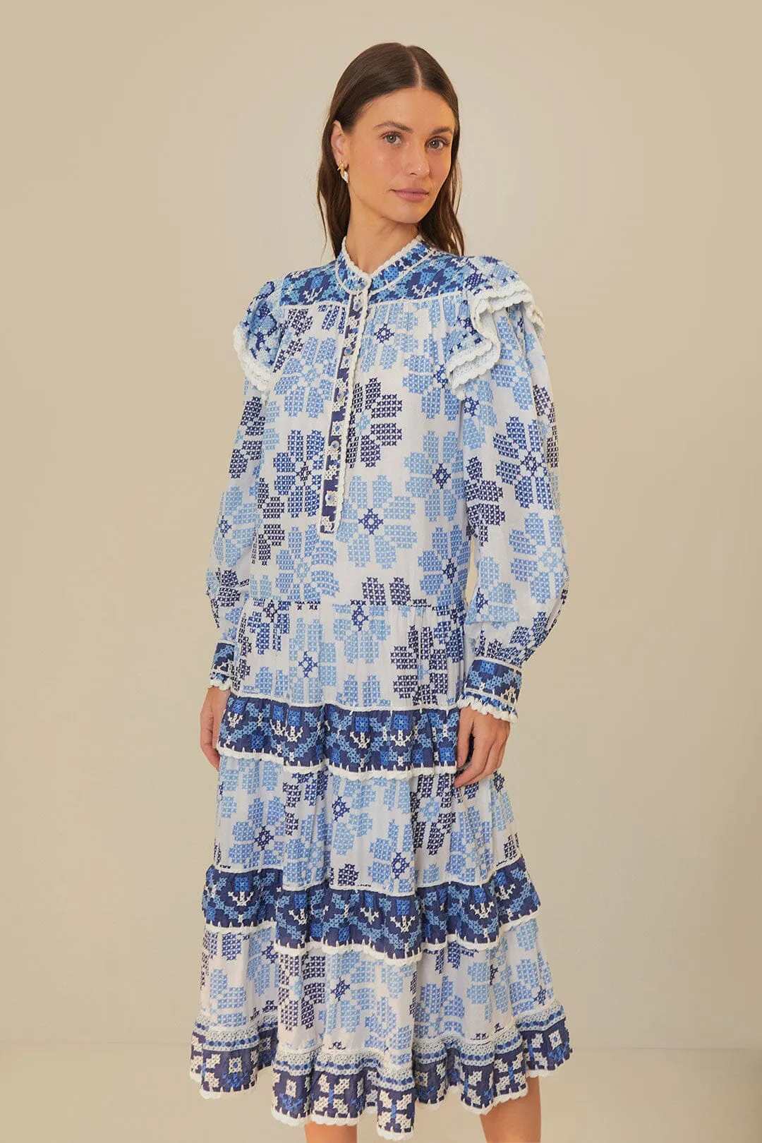 Off-White Stitched Flowers And Girls Midi Dress Subtle Elegance Grass Smell