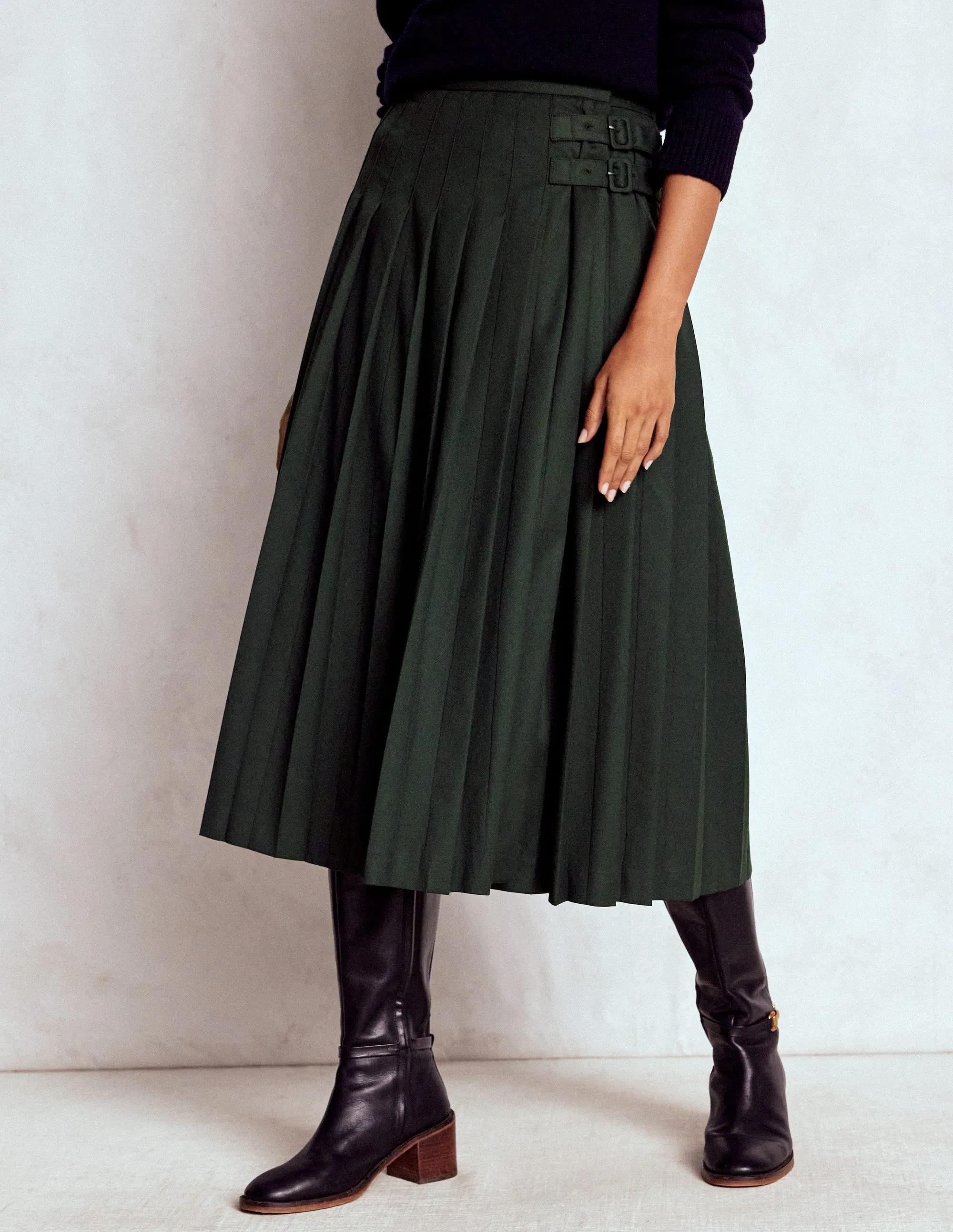 Neutral Tones Josephine Kilt Midi Skirt-Hunter Green