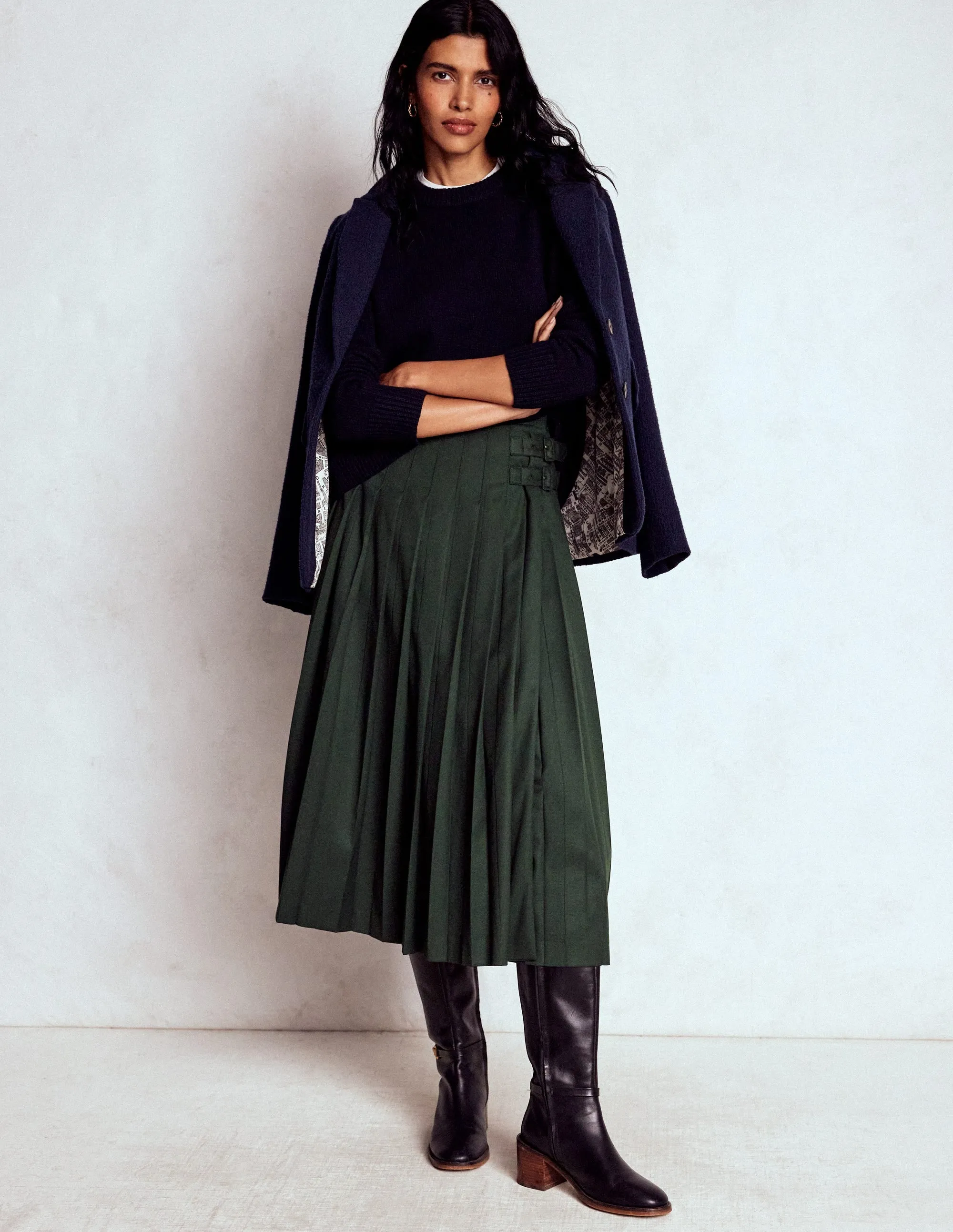 Josephine Kilt Midi Skirt-Hunter Green Satin feel