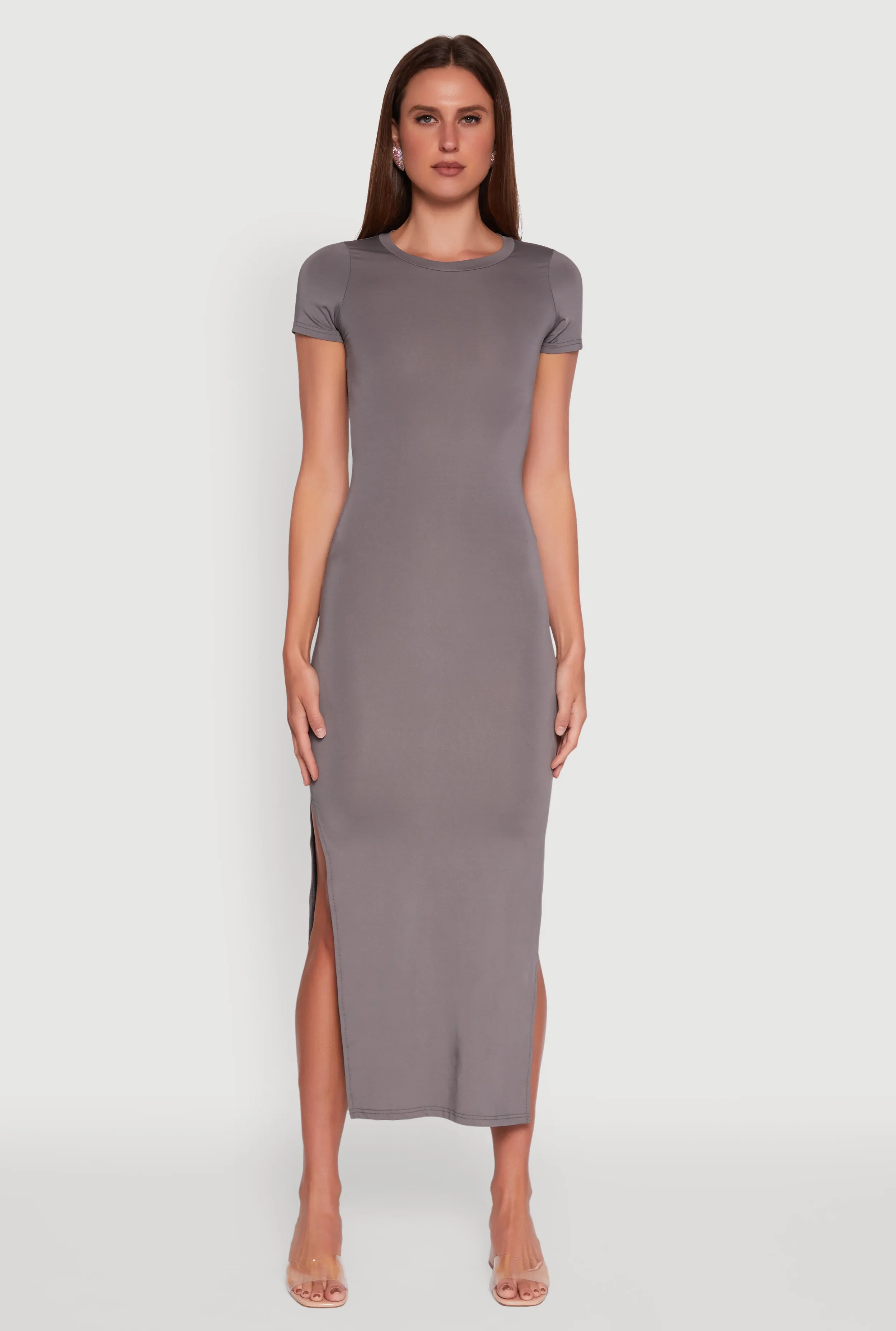 Daisy Crew Neck Side Slit T Shirt Dress This dress is the perfect addition to any wardrobe for those who value both style and comfort