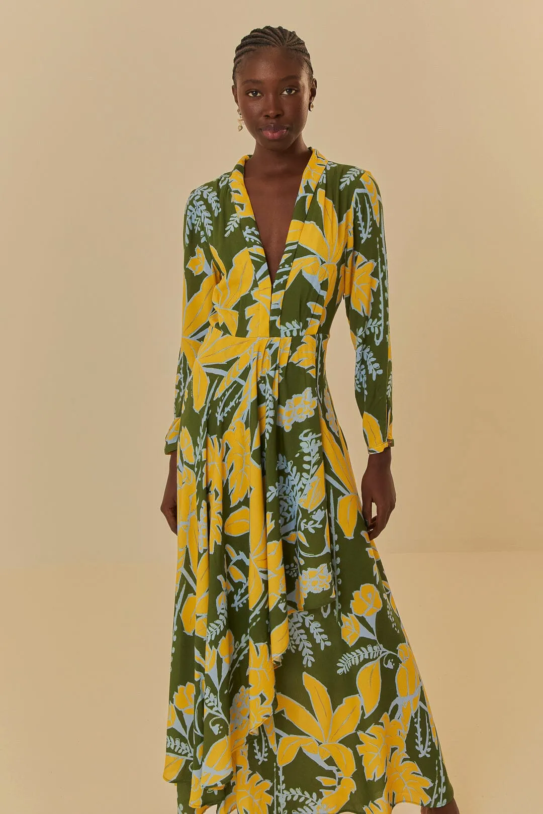 Vibrant evening maxi Foliage Sketch Green V Neck Maxi Dress
