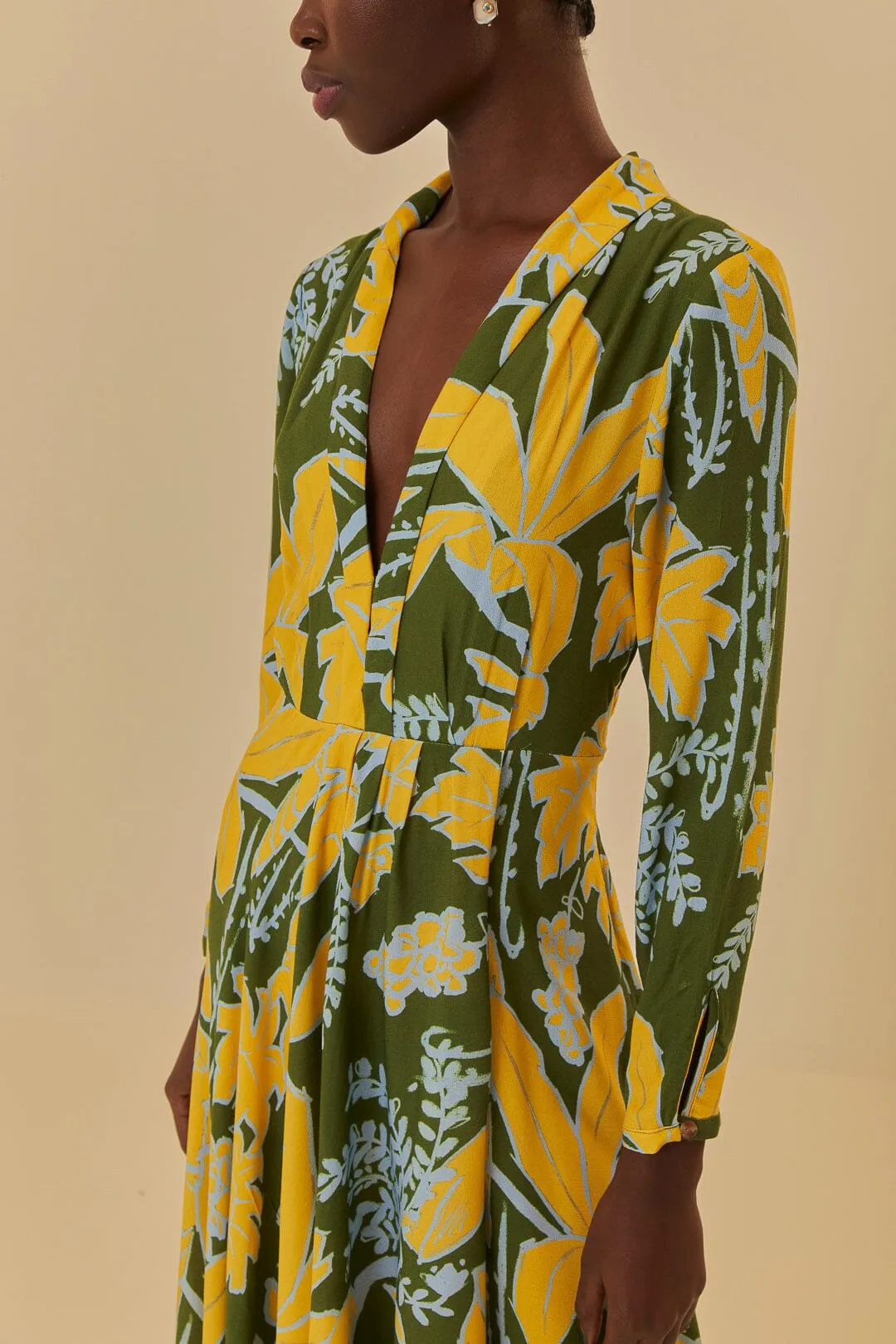 Foliage Sketch Green V Neck Maxi Dress Air Glow Comfortable weekend dress