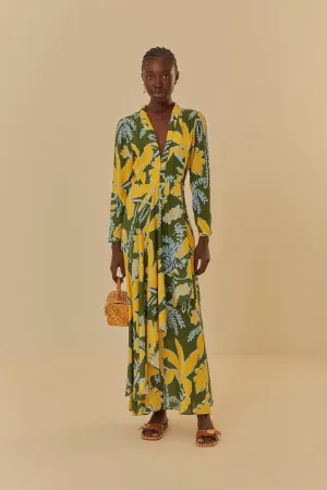 Scandi Clean Foliage Sketch Green V Neck Maxi Dress