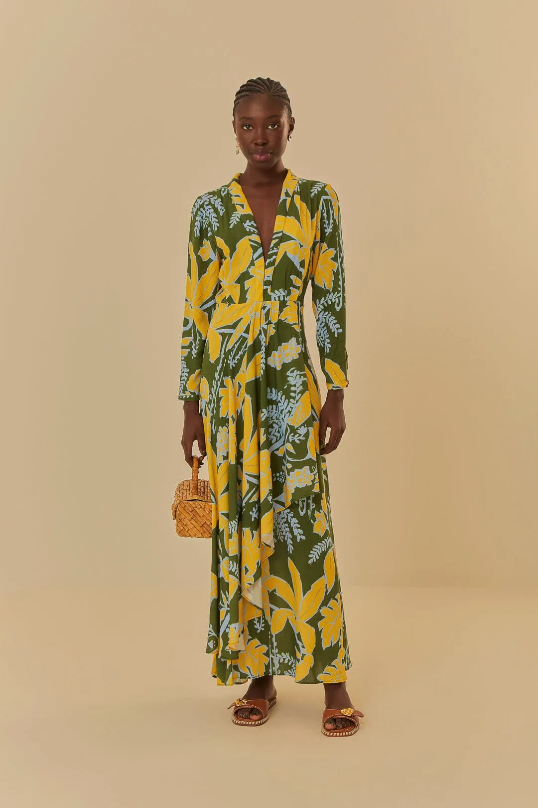Scandi Clean Foliage Sketch Green V Neck Maxi Dress