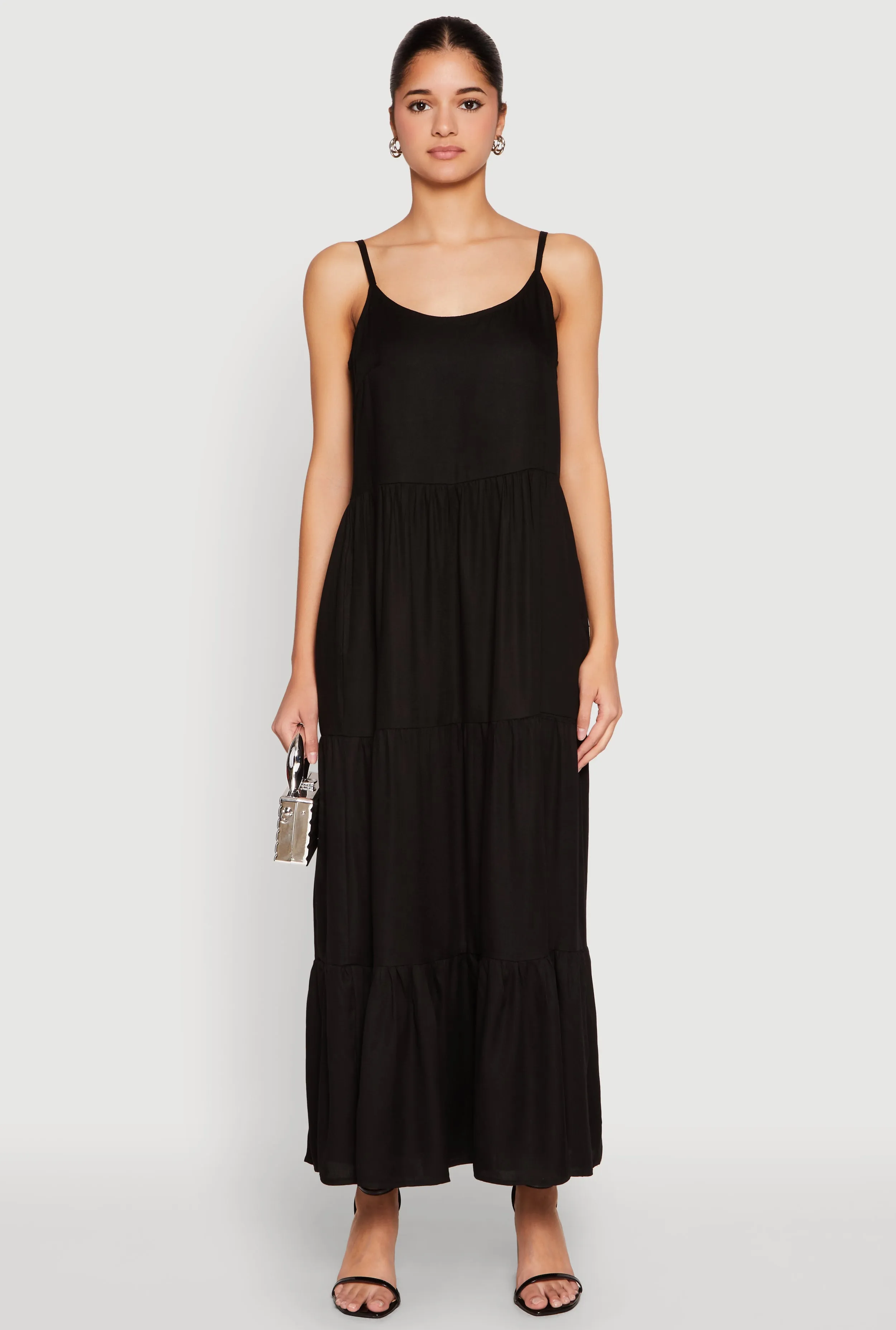 Fur Trim Scoop Neck Tiered Maxi Dress
