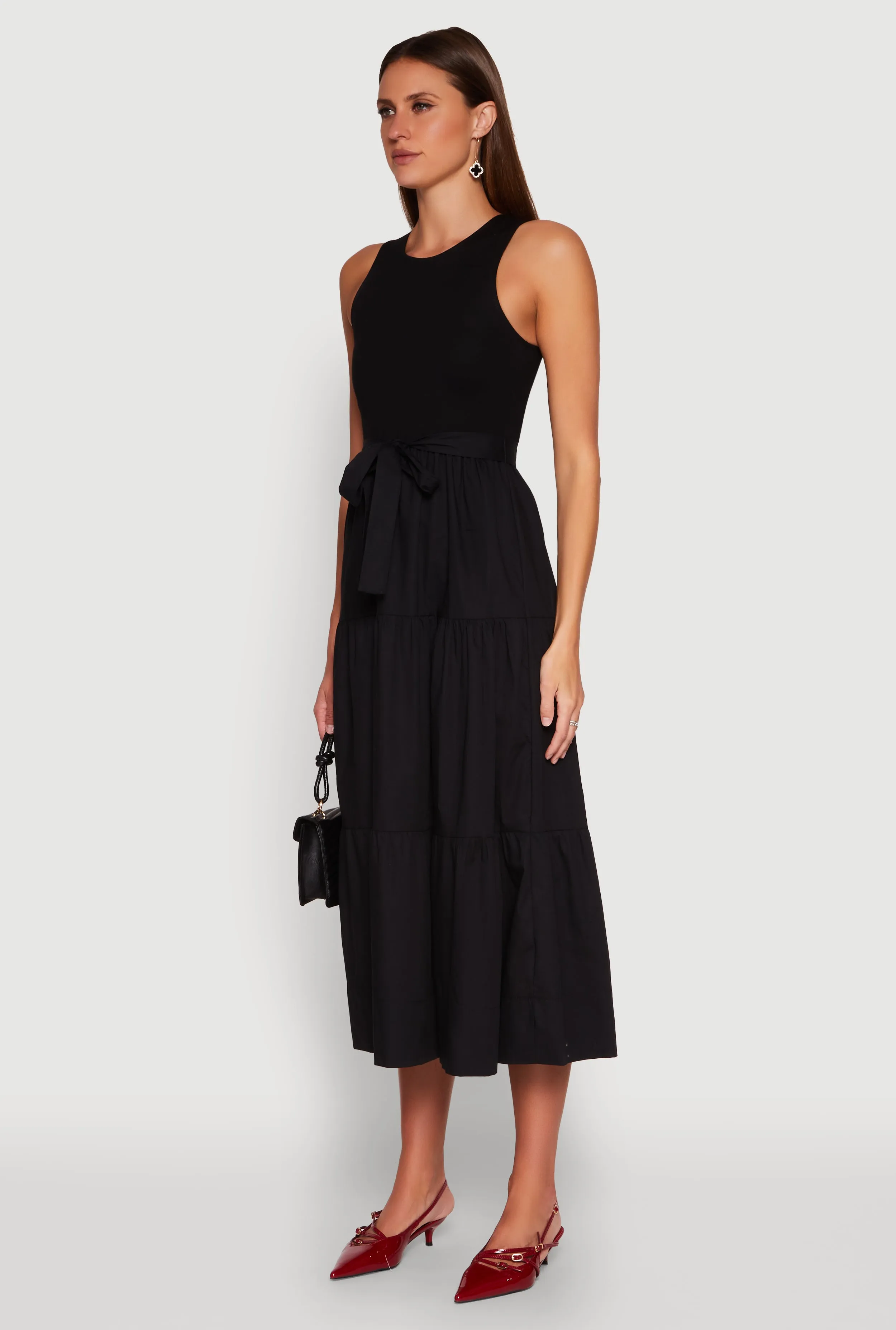 Garden Lane Tie Waist Belted Tiered Maxi Dress