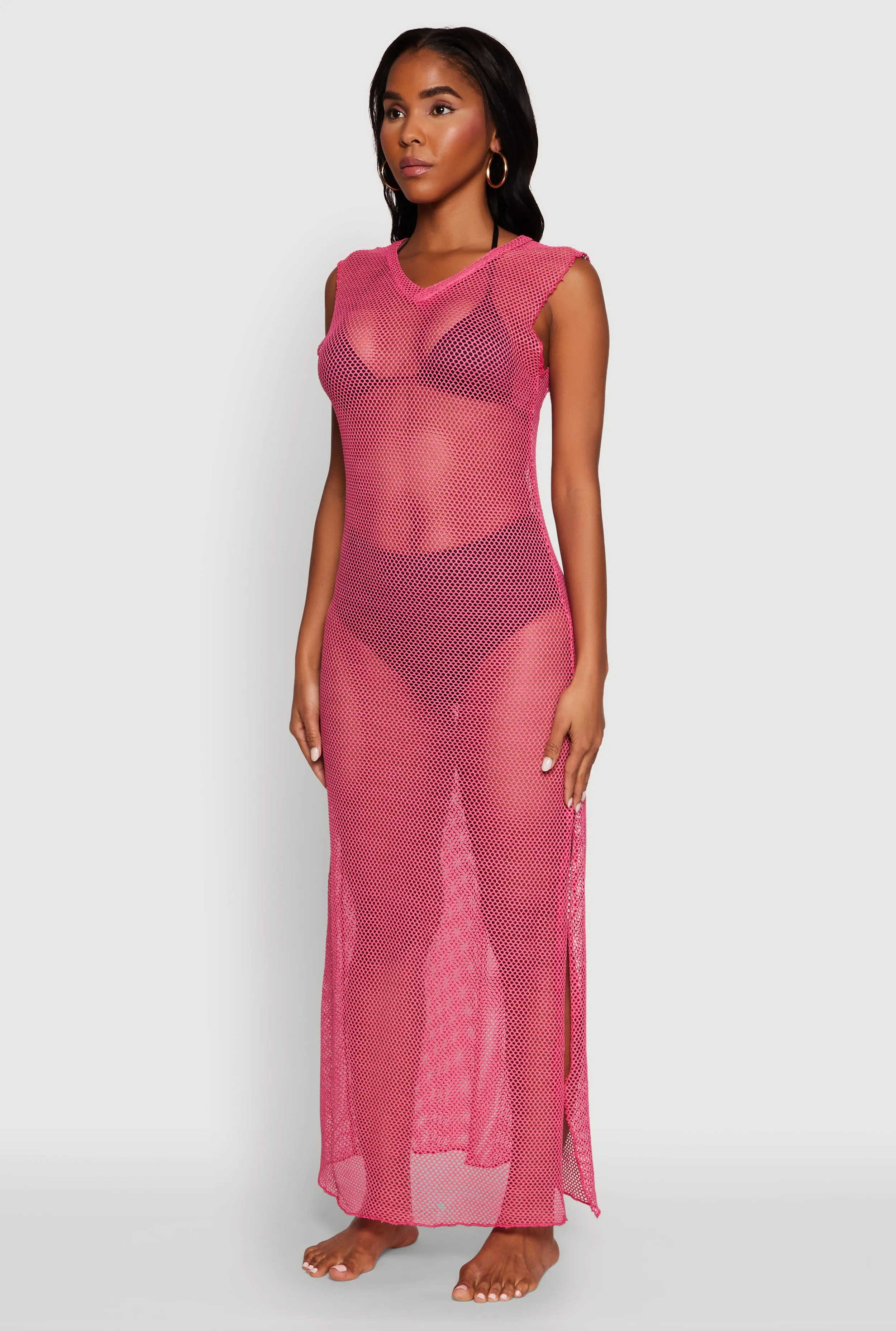 Sequin Glow V Neck Side Slit Fishnet Cover Up Dress