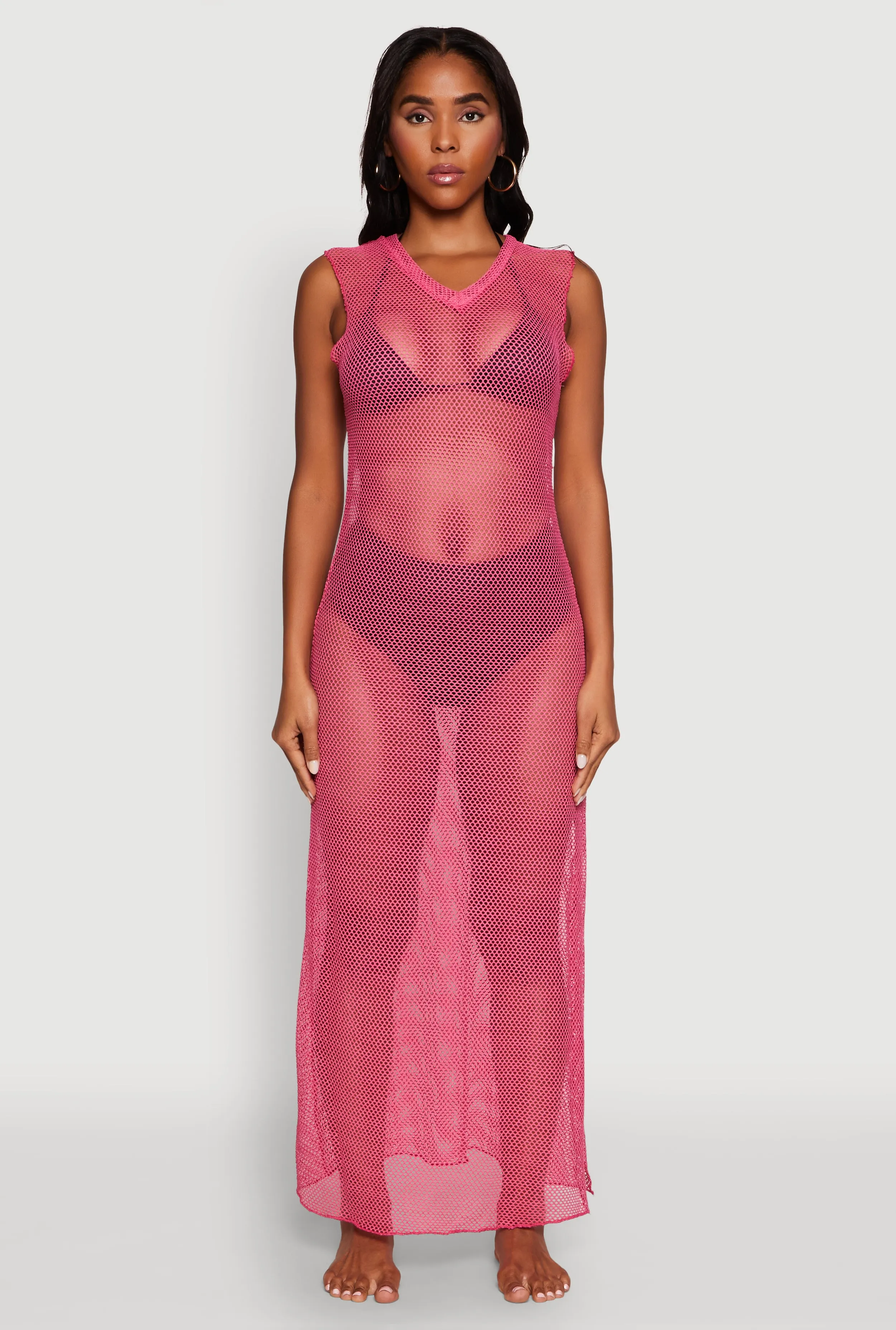 V Neck Side Slit Fishnet Cover Up Dress Linen Drapes Cliff Path
