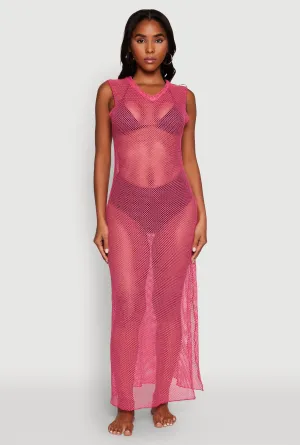 V Neck Side Slit Fishnet Cover Up Dress Ruby Shine Rail Glow