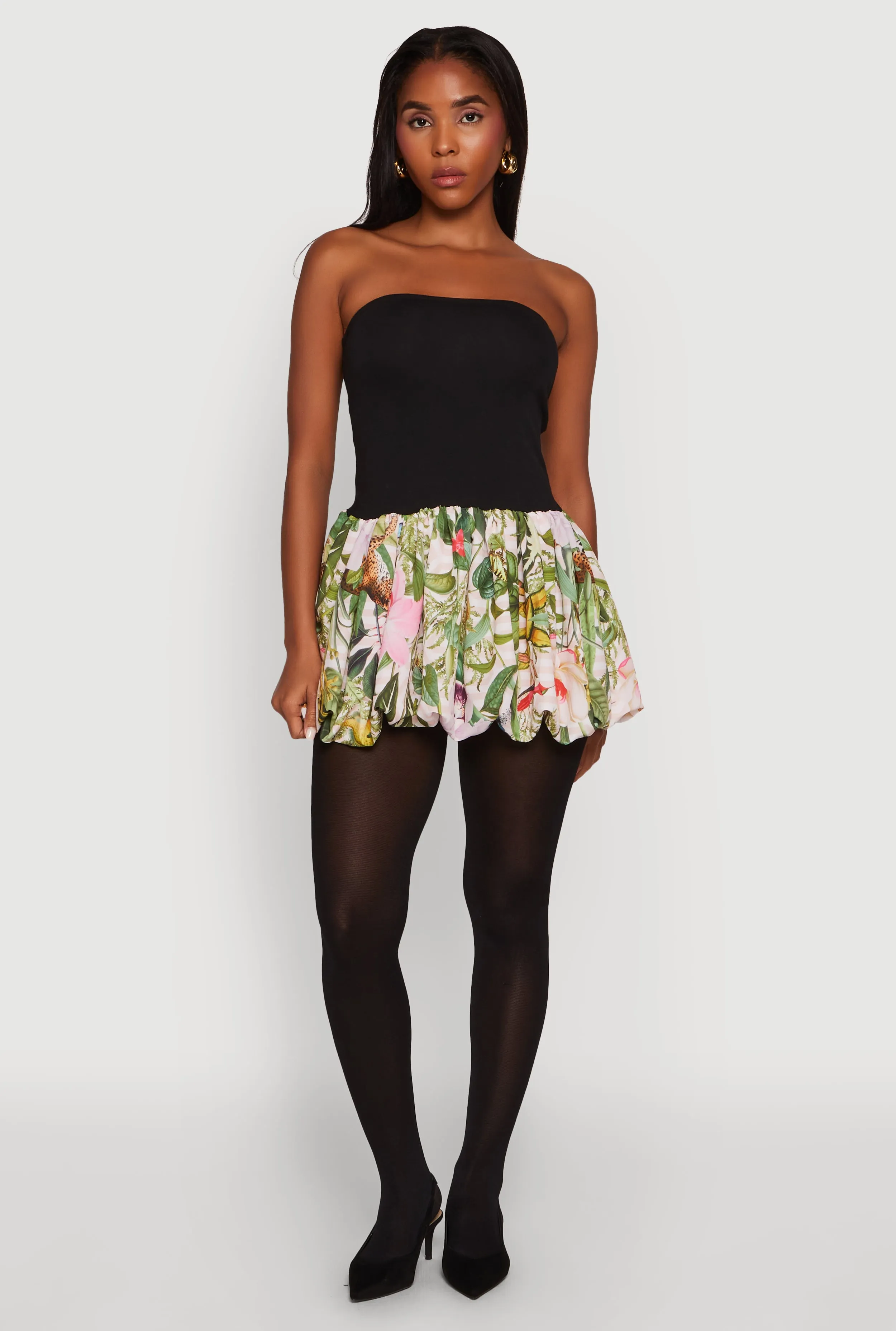 Strapless Floral Print Bubble Hem Dress Bohemian style Party Proof