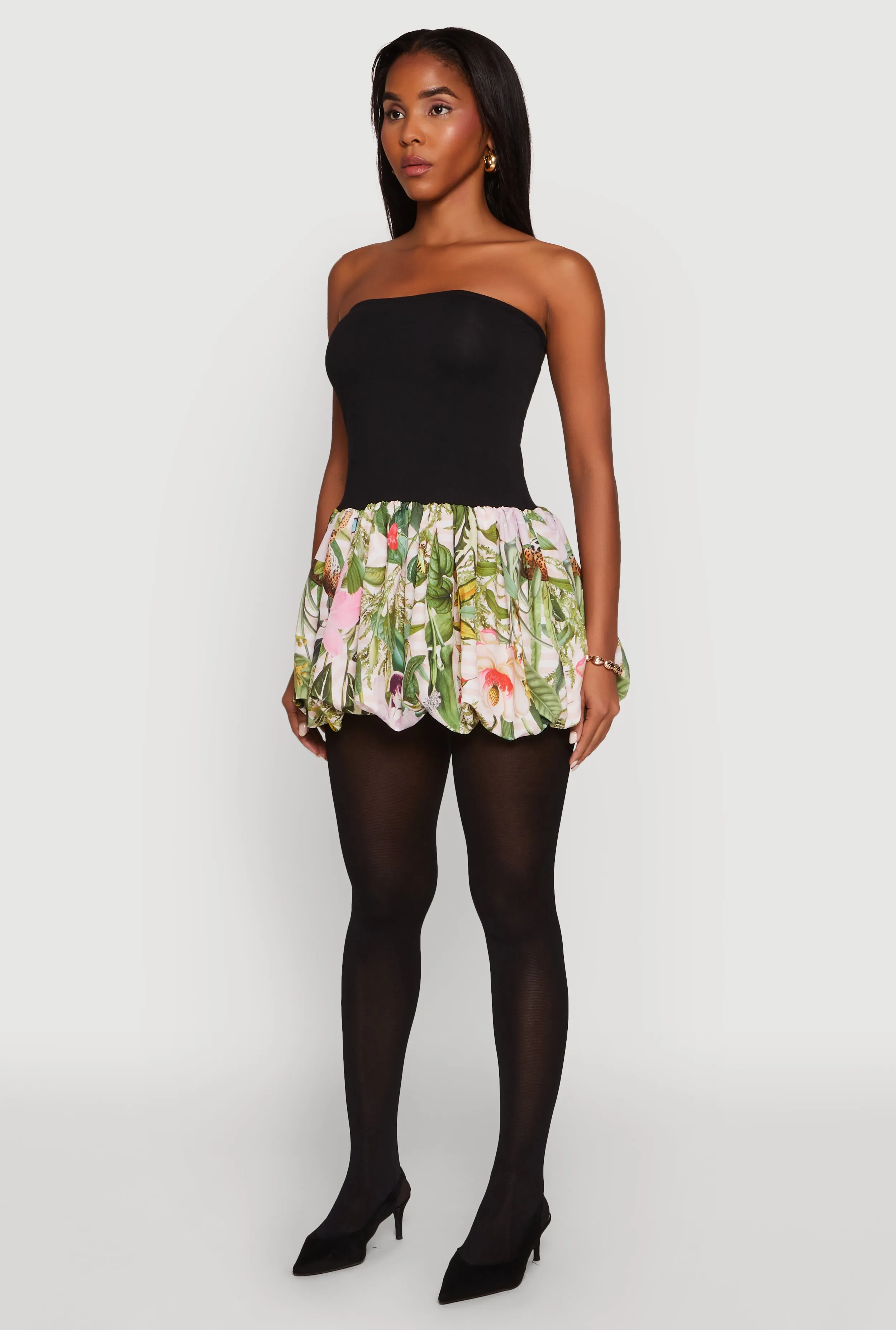 Strapless Floral Print Bubble Hem Dress Layered Ventilation Day Out