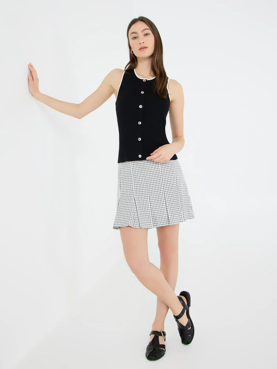Windowpane Pleated Mini Skirt Side Slit Fashion Collab