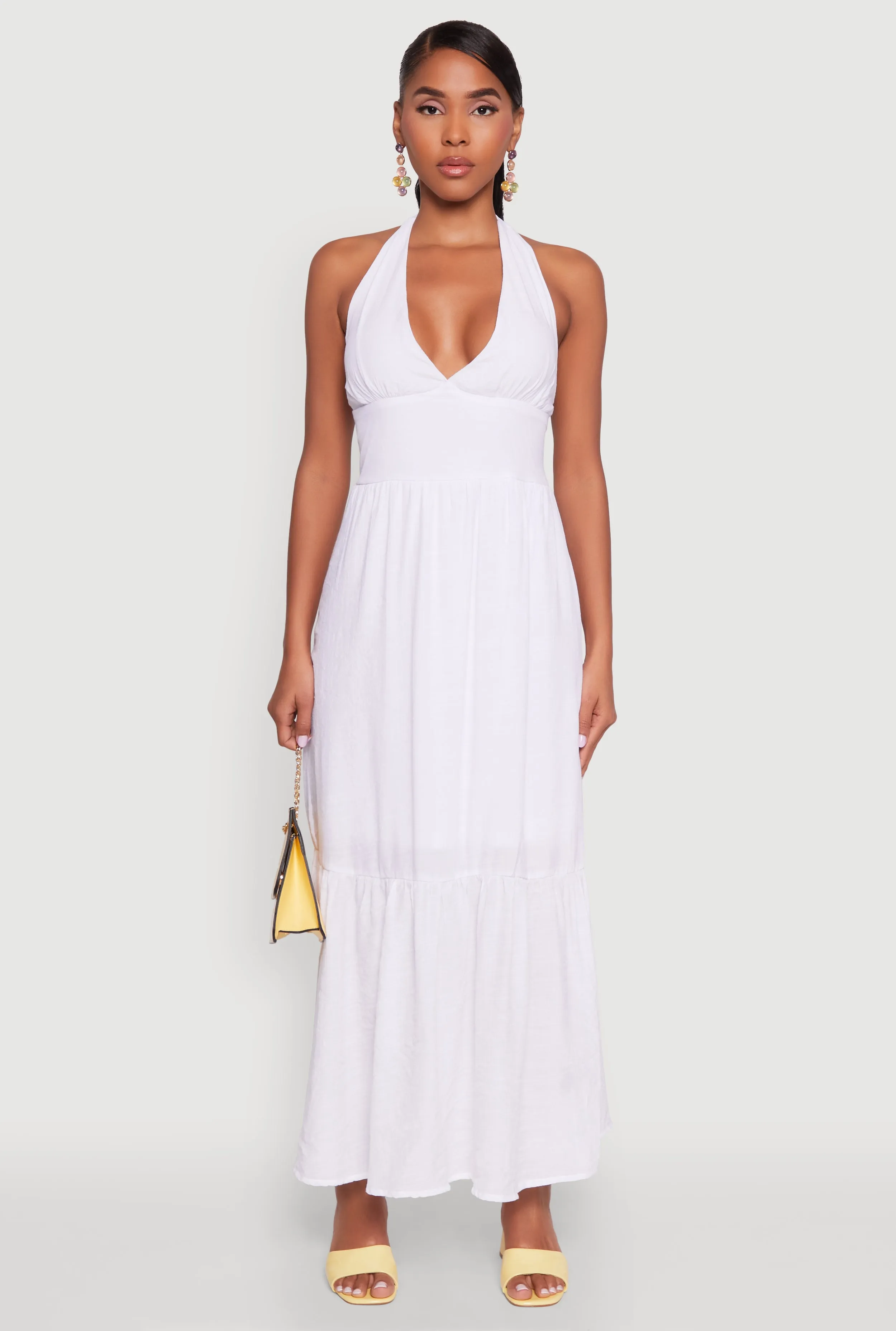 Neon Pop Trendy evening gown Elegant Gauze Knit Halter Neck Tiered Dress
